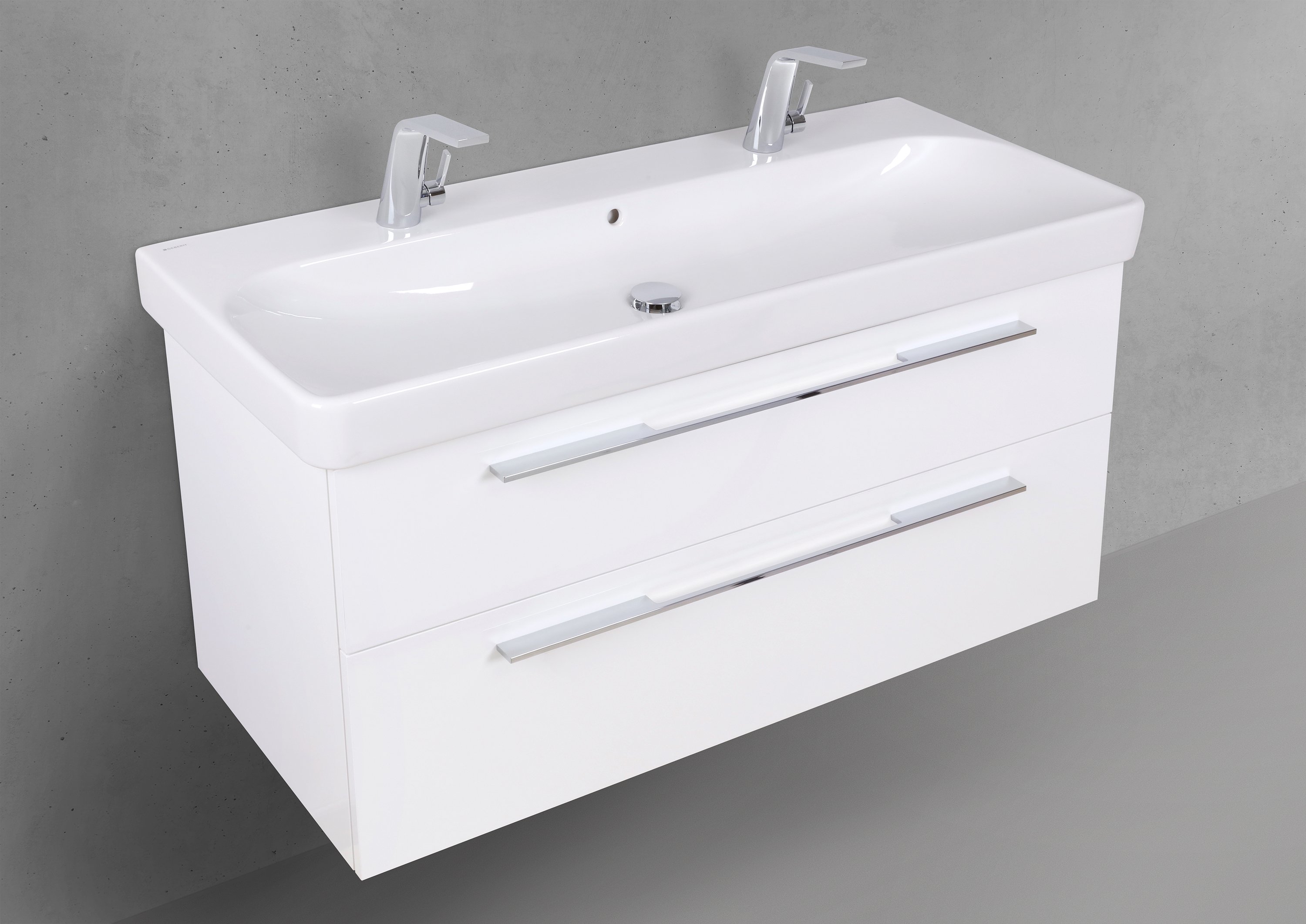 Badmöbelset Shape 120 cm inkl. Geberit Smyle Square Doppelwaschtisch mit Unterschrank