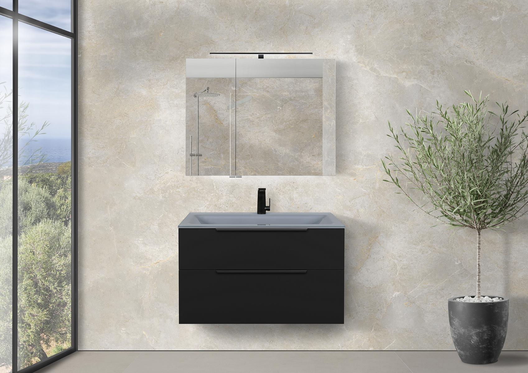 Saphir - Badmöbelset 90 cm mit Glaswaschbecken, Unterschrank und Spiegelschrank
