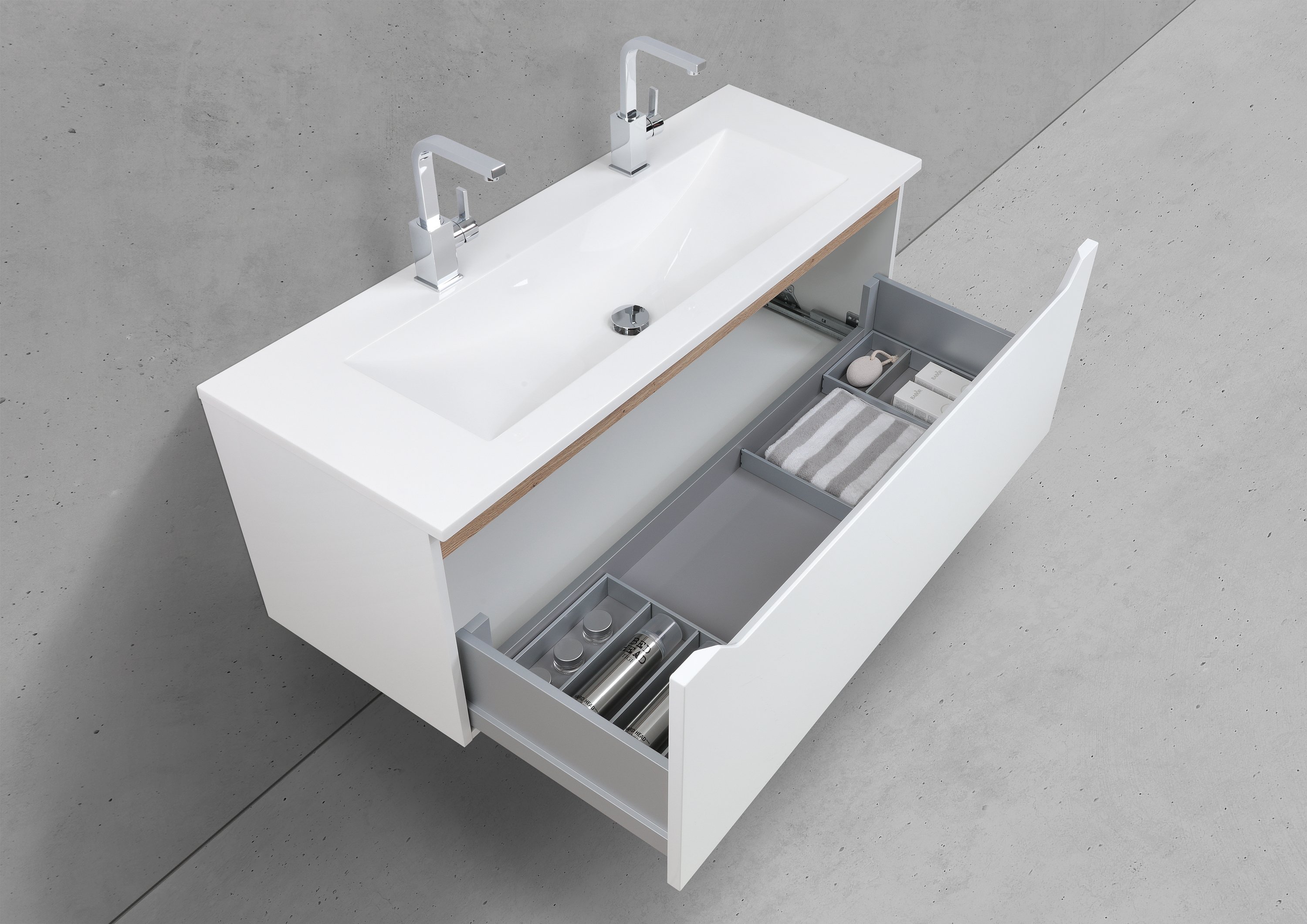 Doppelwaschtisch 120 cm mit Unterschrank, Badmöbel Set grifflos