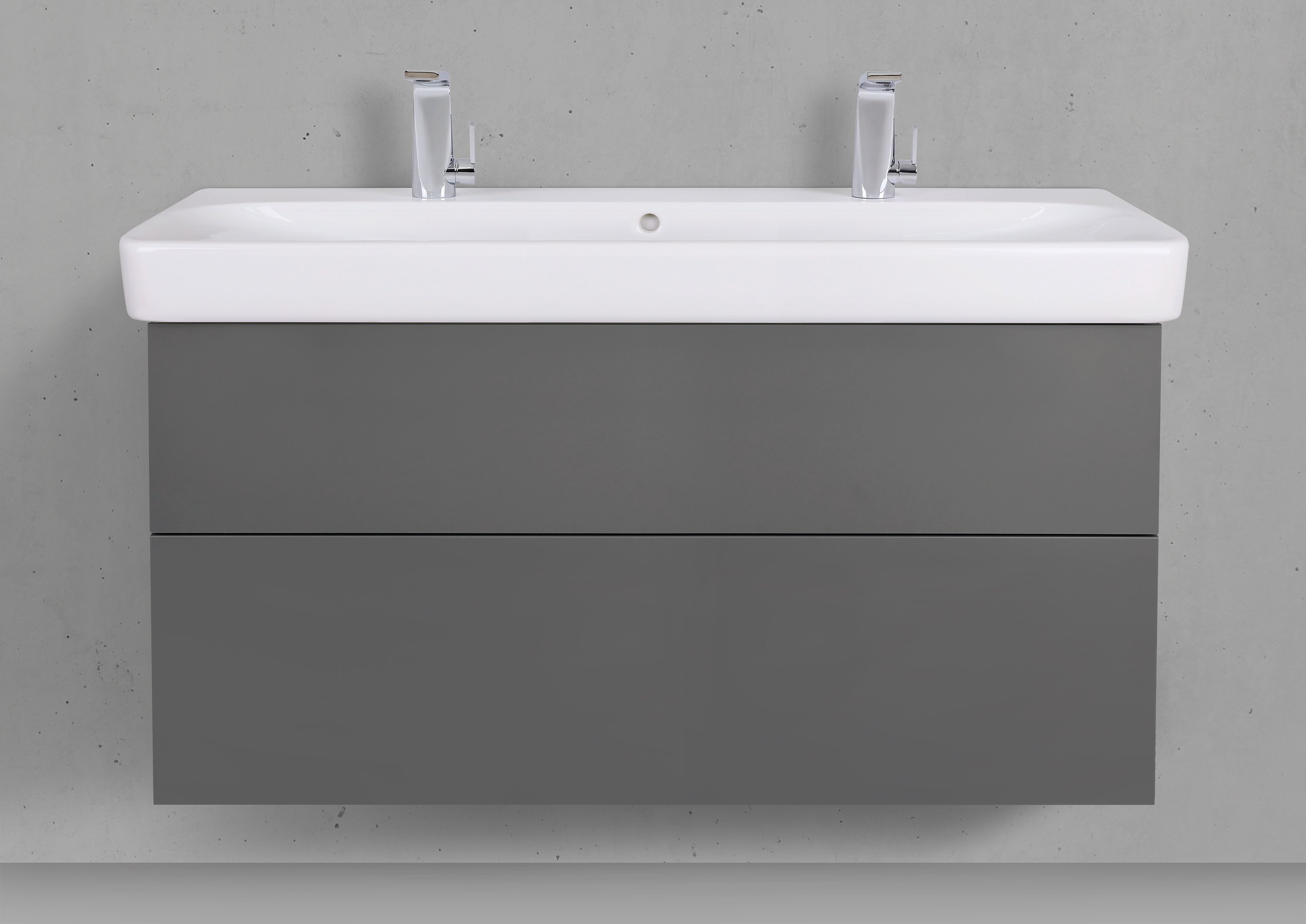 Badmöbelset Shape 120 cm inkl. Geberit Smyle Square Doppelwaschtisch mit Unterschrank Push to Open