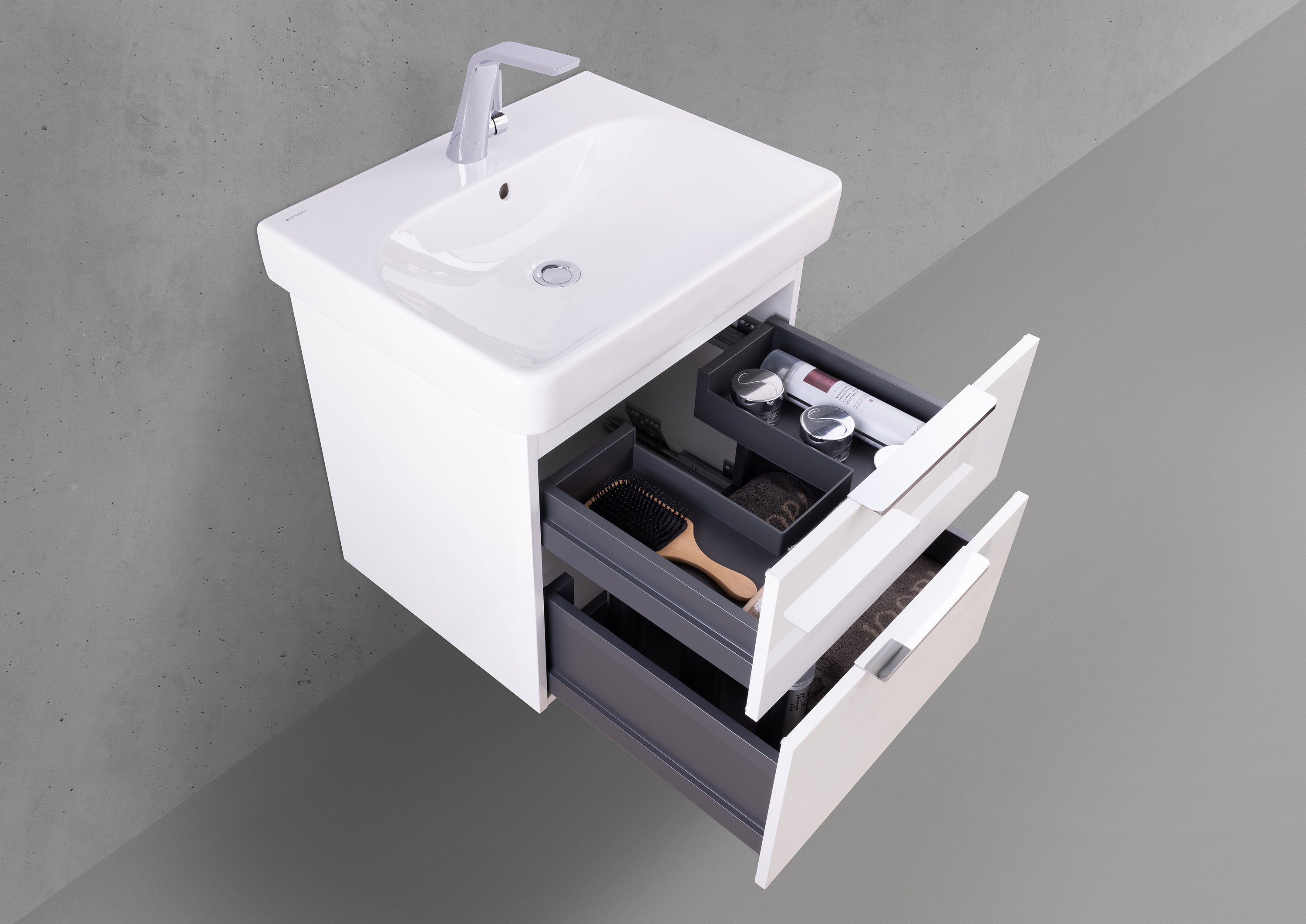 Badmöbel Shape mit Geberit Smyle Square Waschtisch 60 cm, Unterschrank und Spiegelschrank