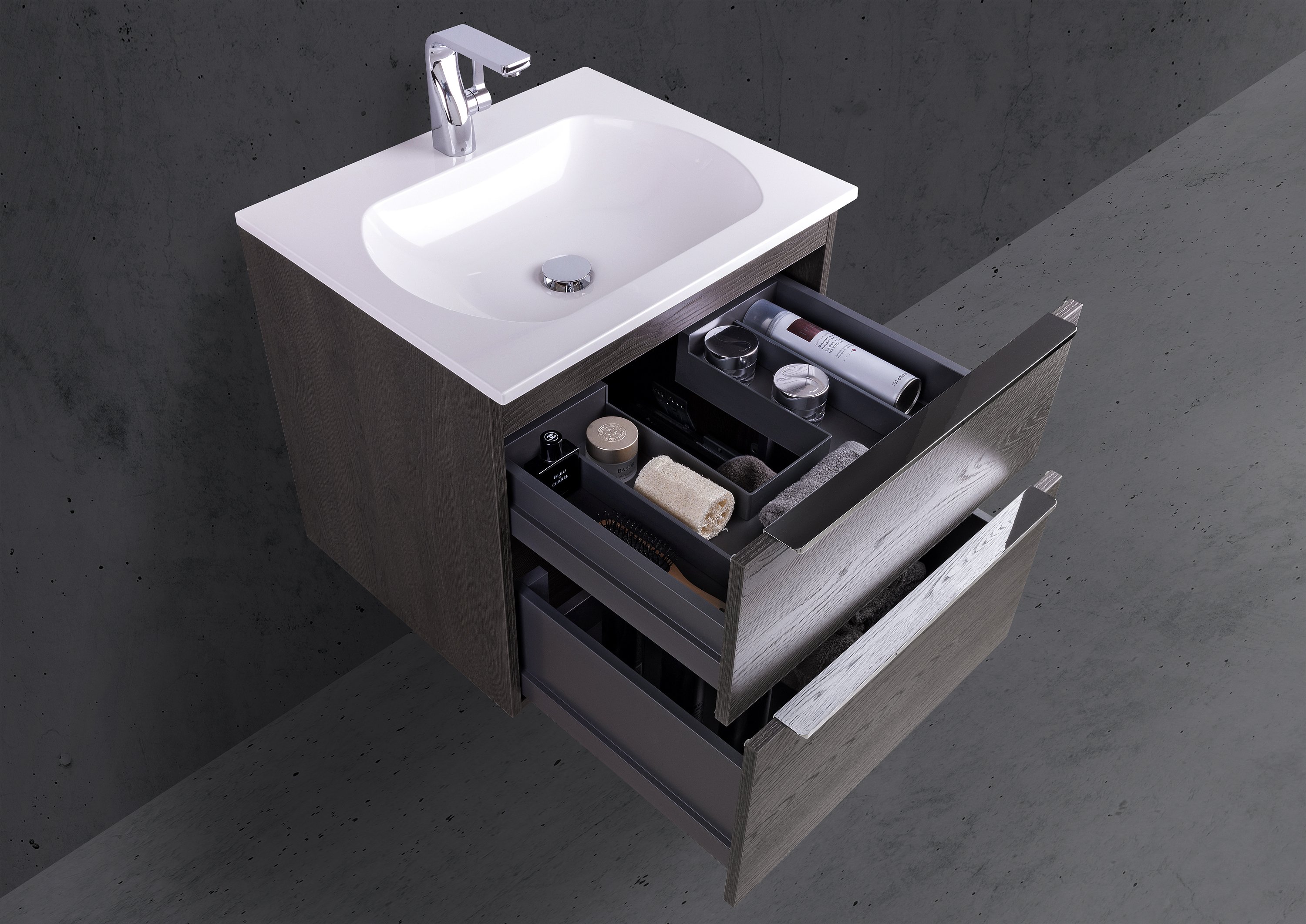 Badmöbel Set 60 cm mit Evermite Waschtisch, Dekor frei wählbar, Made in Germany