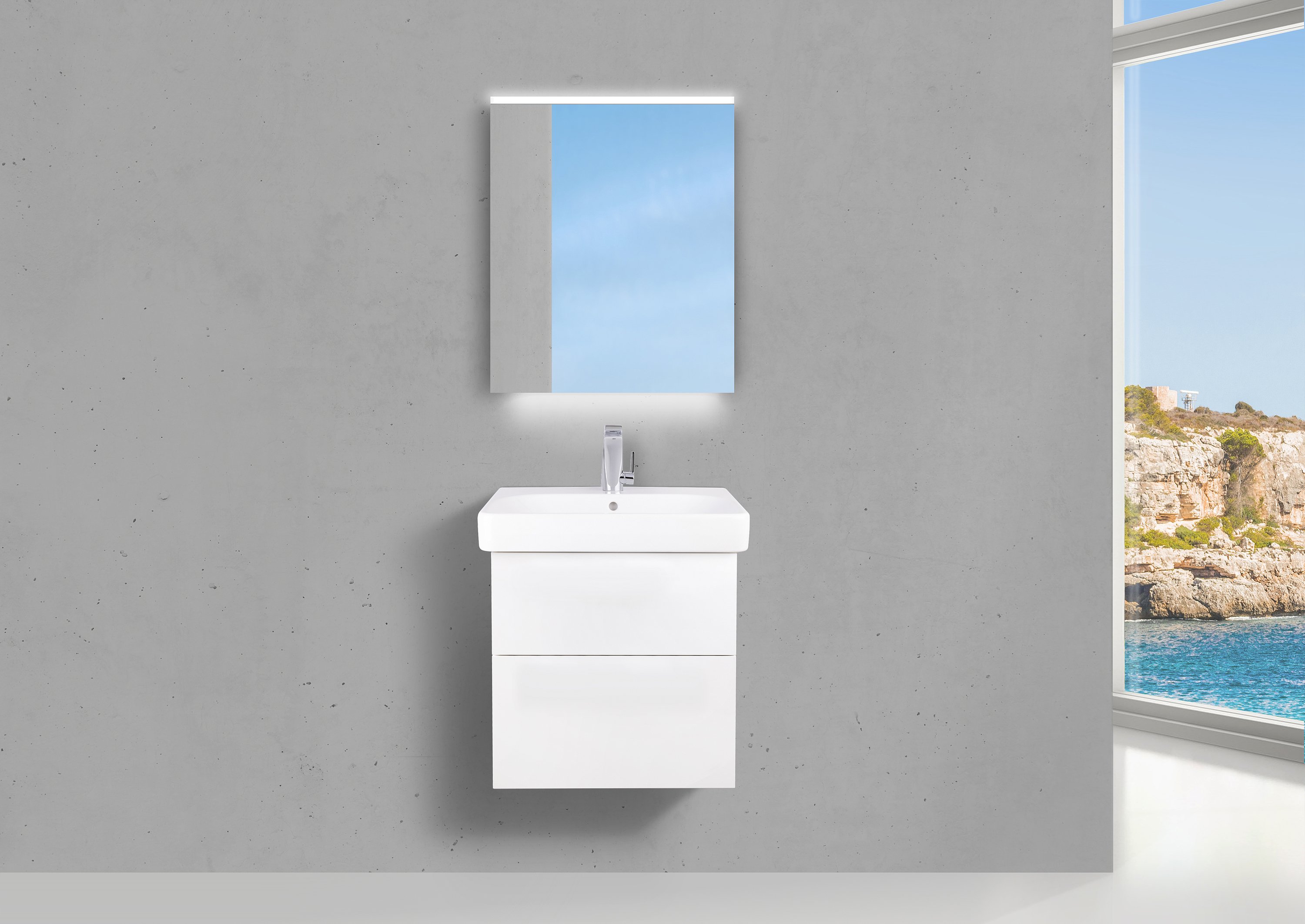 Badmöbel Set mit Geberit Smyle Square 60 cm Waschtisch, griffloser Unterschrank und Lichtspiegel