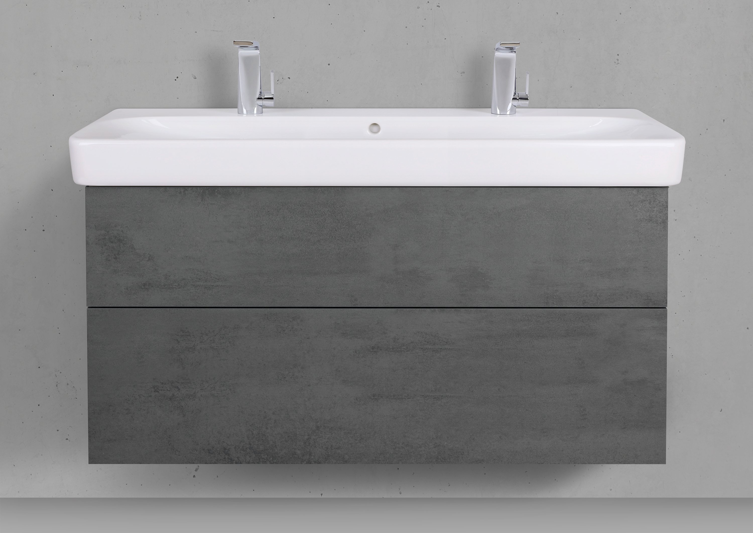 Badmöbelset Shape 120 cm inkl. Geberit Smyle Square Doppelwaschtisch mit Unterschrank Push to Open
