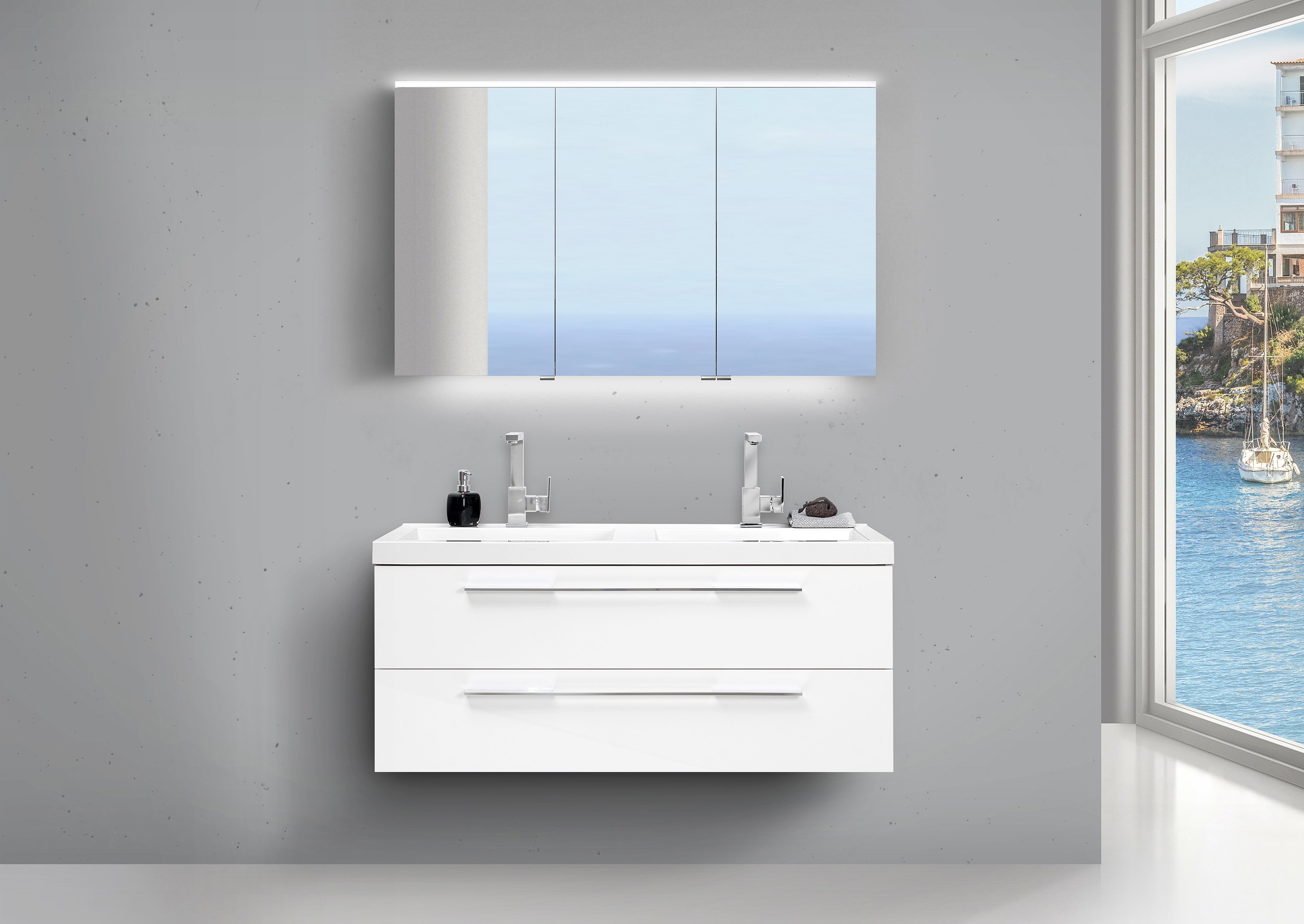 Design Badmöbel Set Weiss 120cm mit Doppelwaschtisch und LED Spiegelschrank