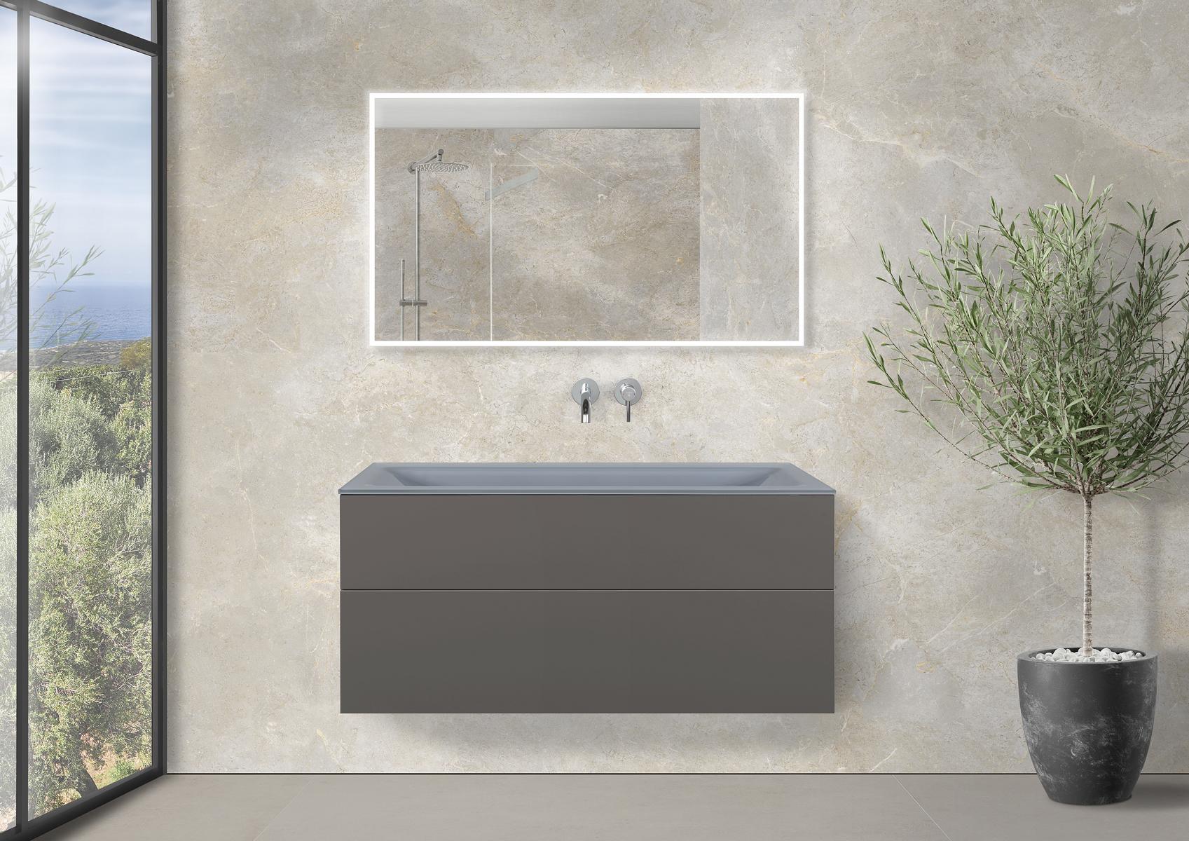 Saphir - Badmöbelset 120 cm mit Glaswaschtisch (Einzel), griffloser Unterschrank und Lichtspiegel