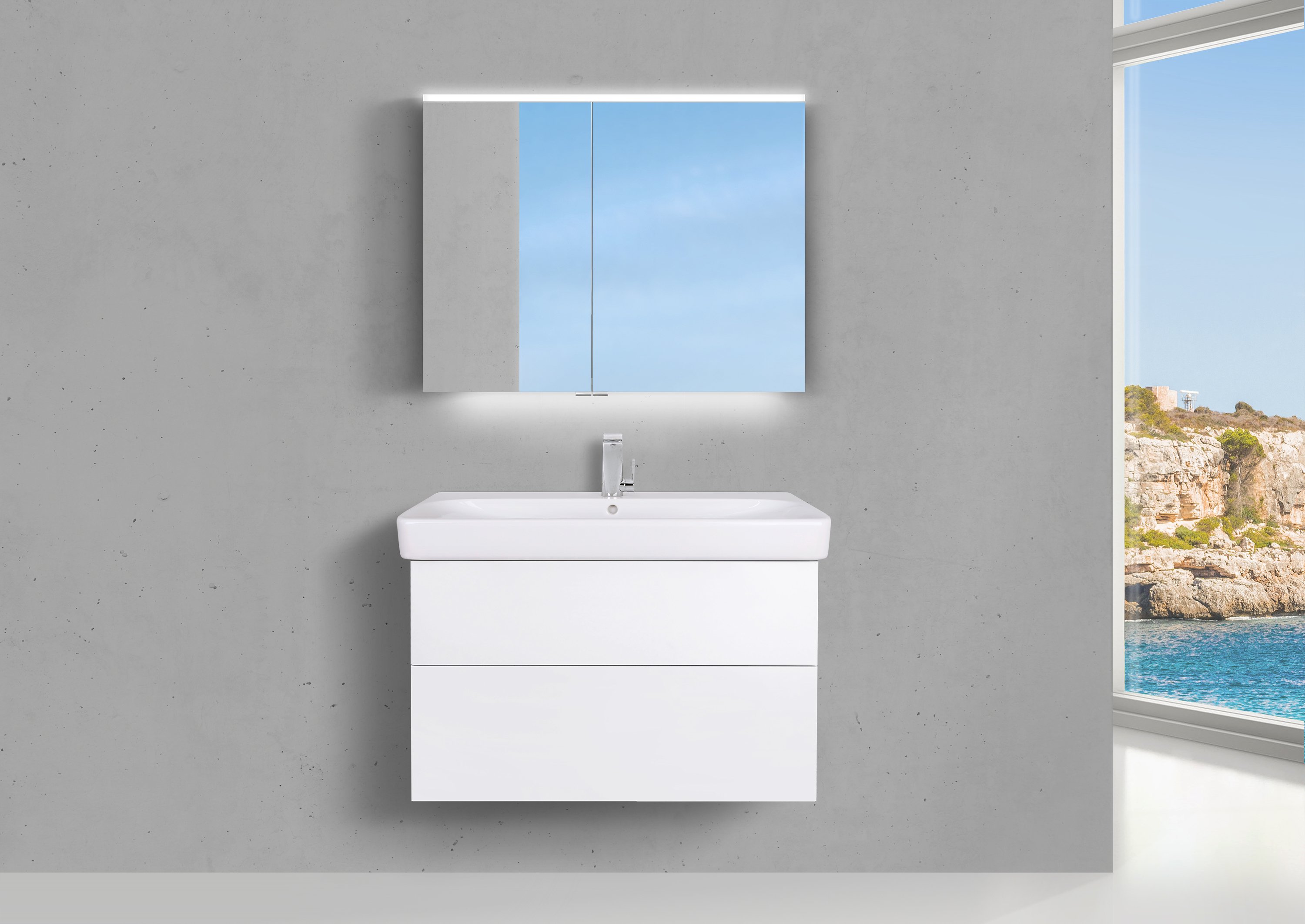 Badset Shape mit Geberit Smyle Square WT 90 cm, Unterschrank grifflos und Spiegelschrank