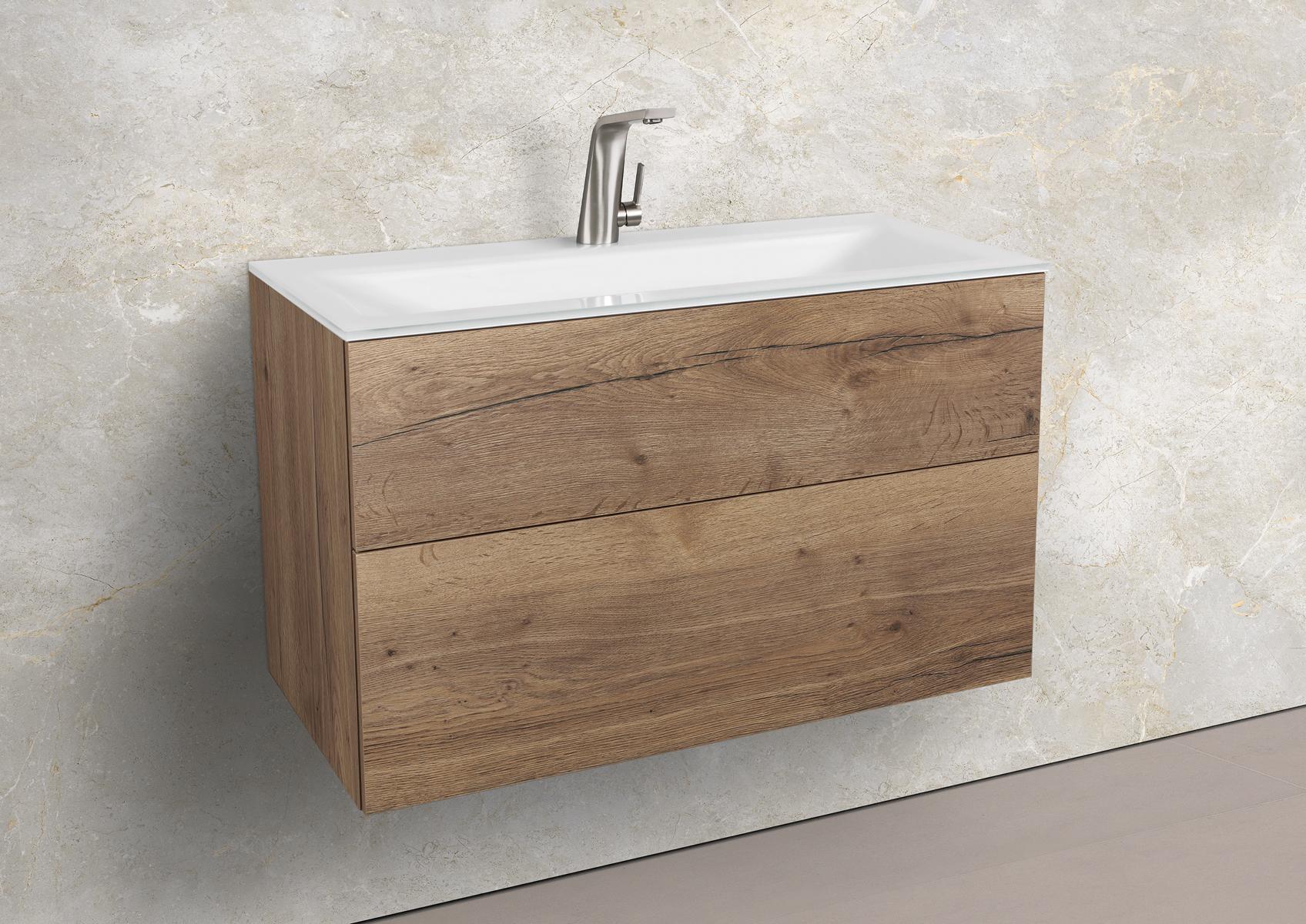Saphir - Badmöbelset 90 cm mit Glaswaschbecken und grifflosem Unterschrank