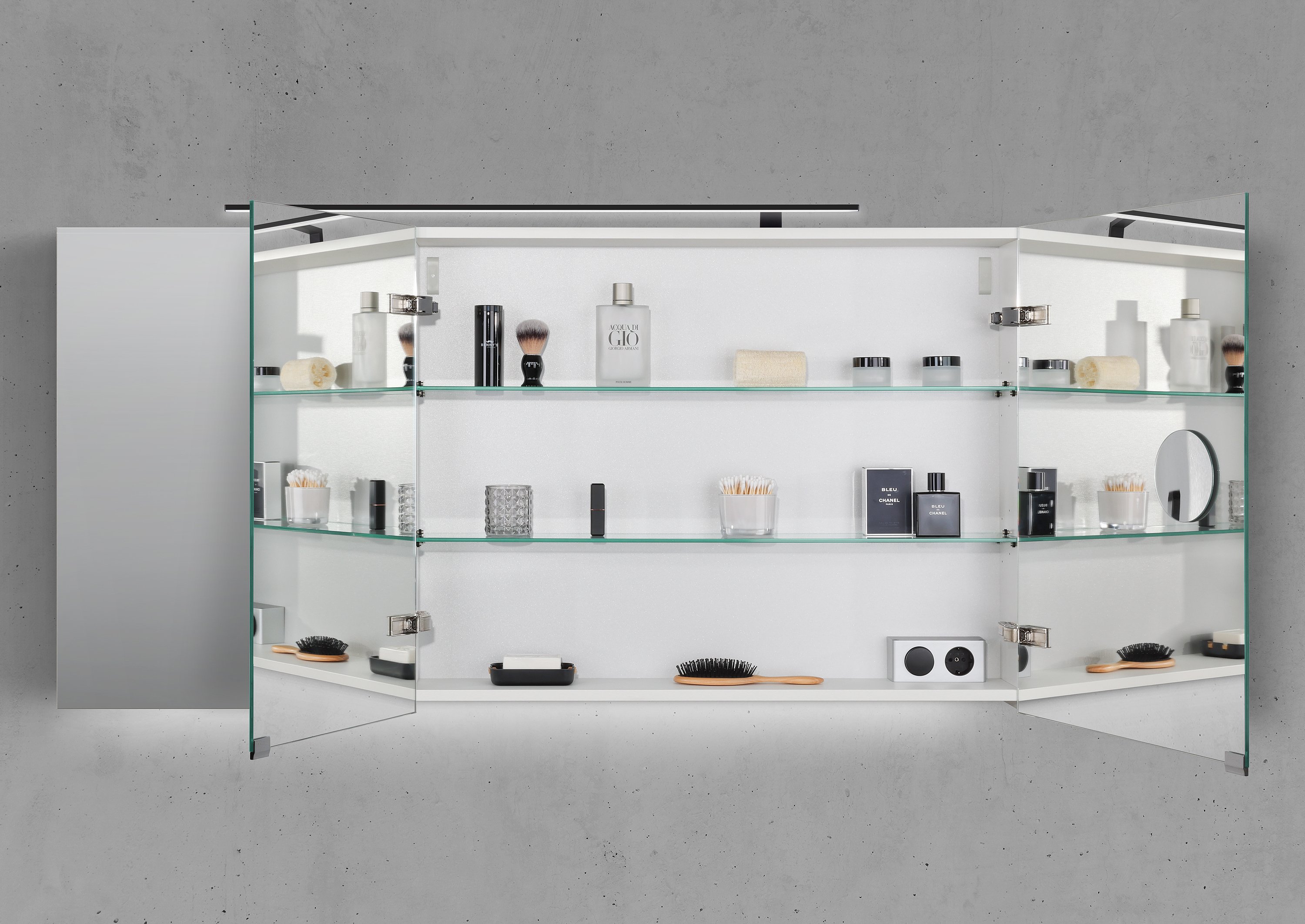 Spiegelschrank 140 cm mit MULTI LED Aufsatzleuchte Doppelspiegeltüren