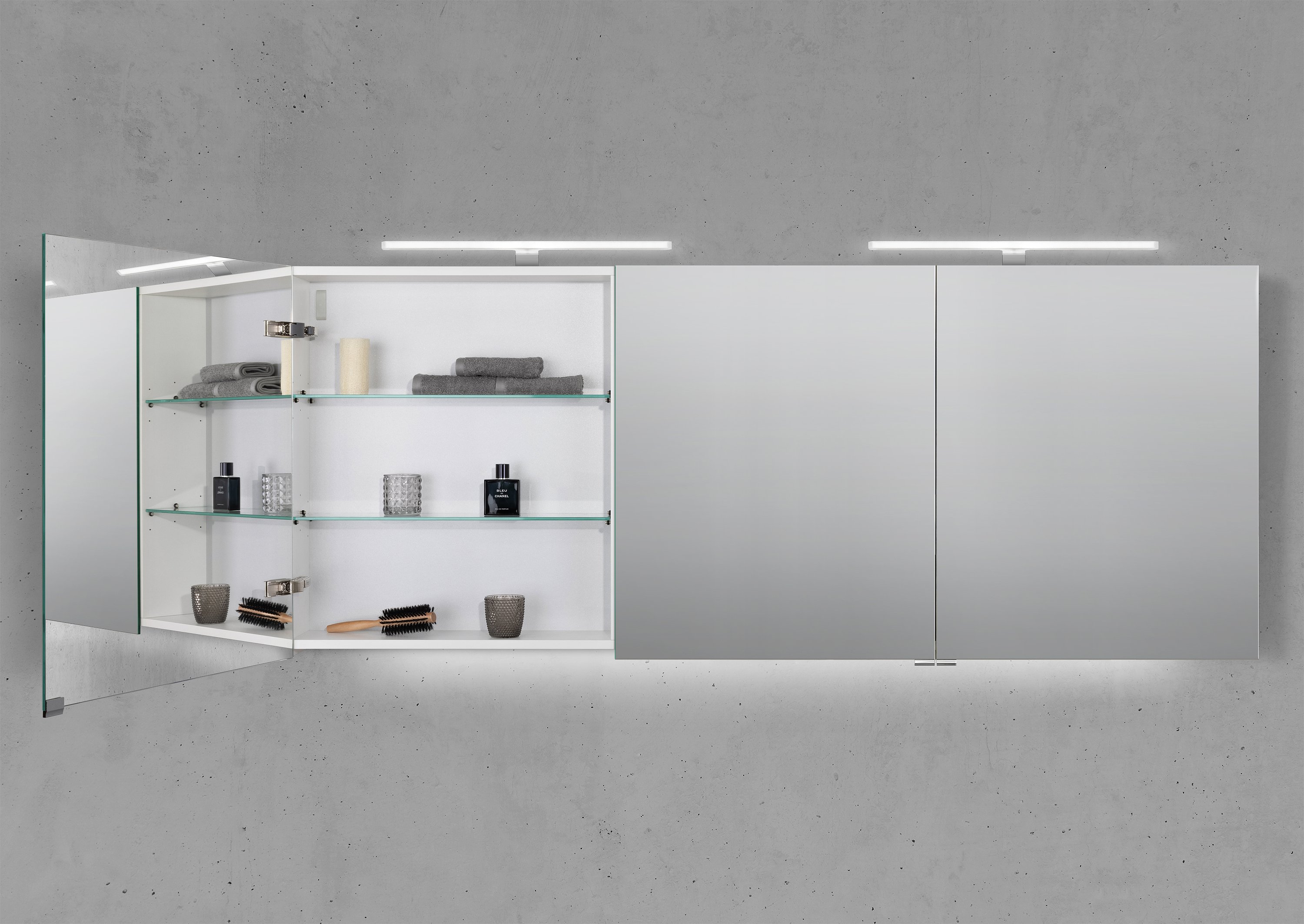 Spiegelschrank 180 cm 2x MULTI LED Acryl Aufsatzleuchte Doppelspiegeltüren