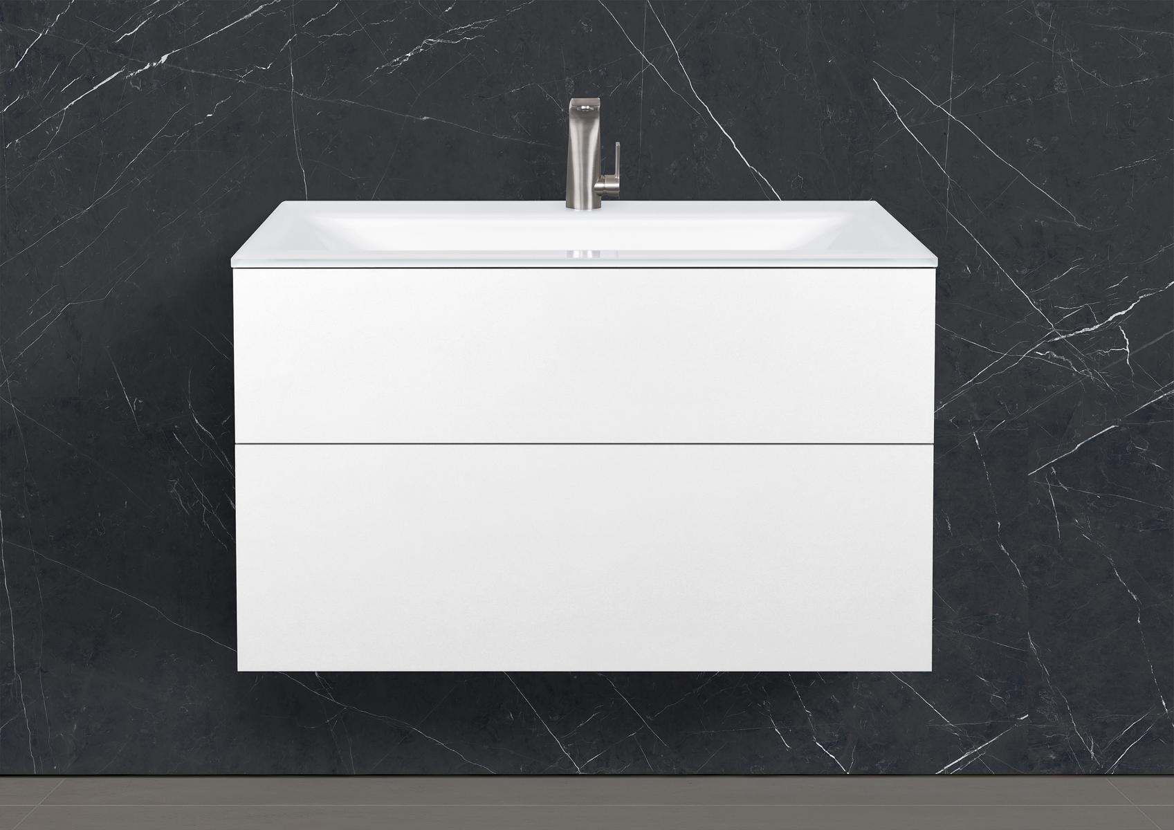 Saphir - Badmöbelset 90 cm mit Glaswaschtisch und grifflosem Unterschrank