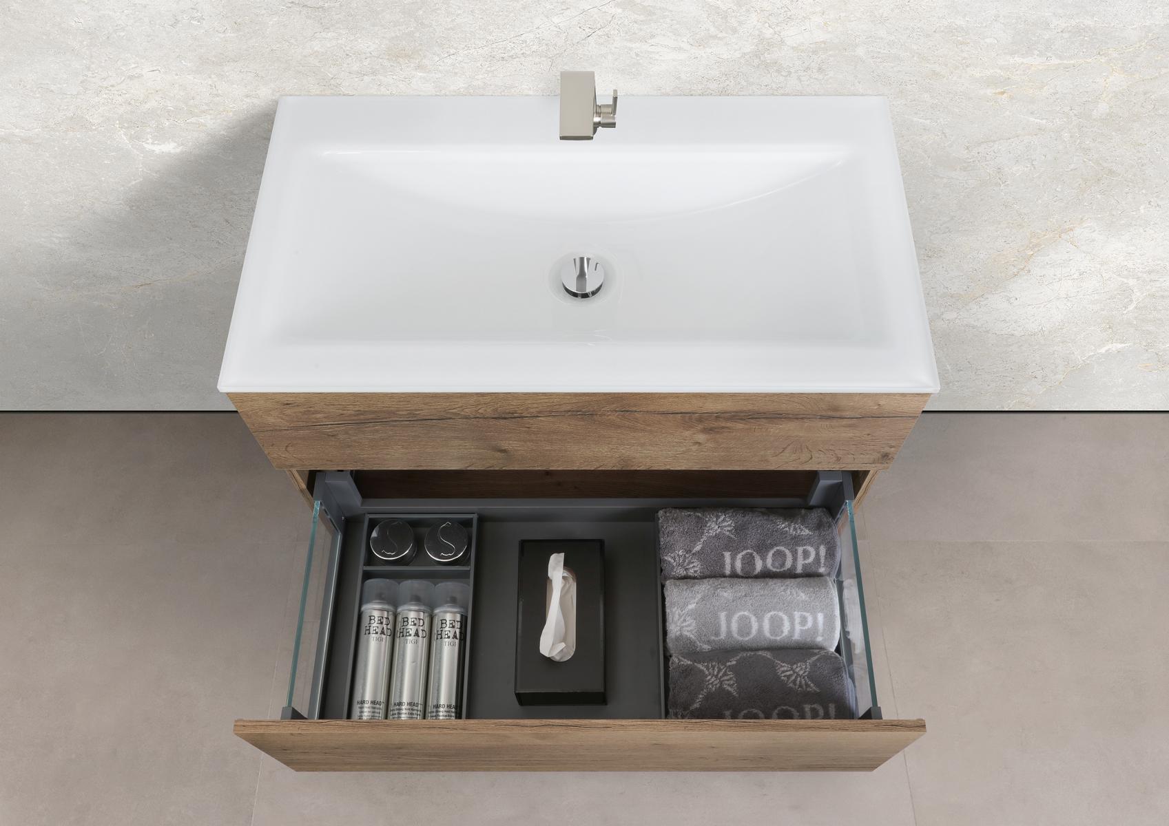 Saphir - Badmöbelset 90 cm mit Glaswaschbecken und grifflosem Unterschrank