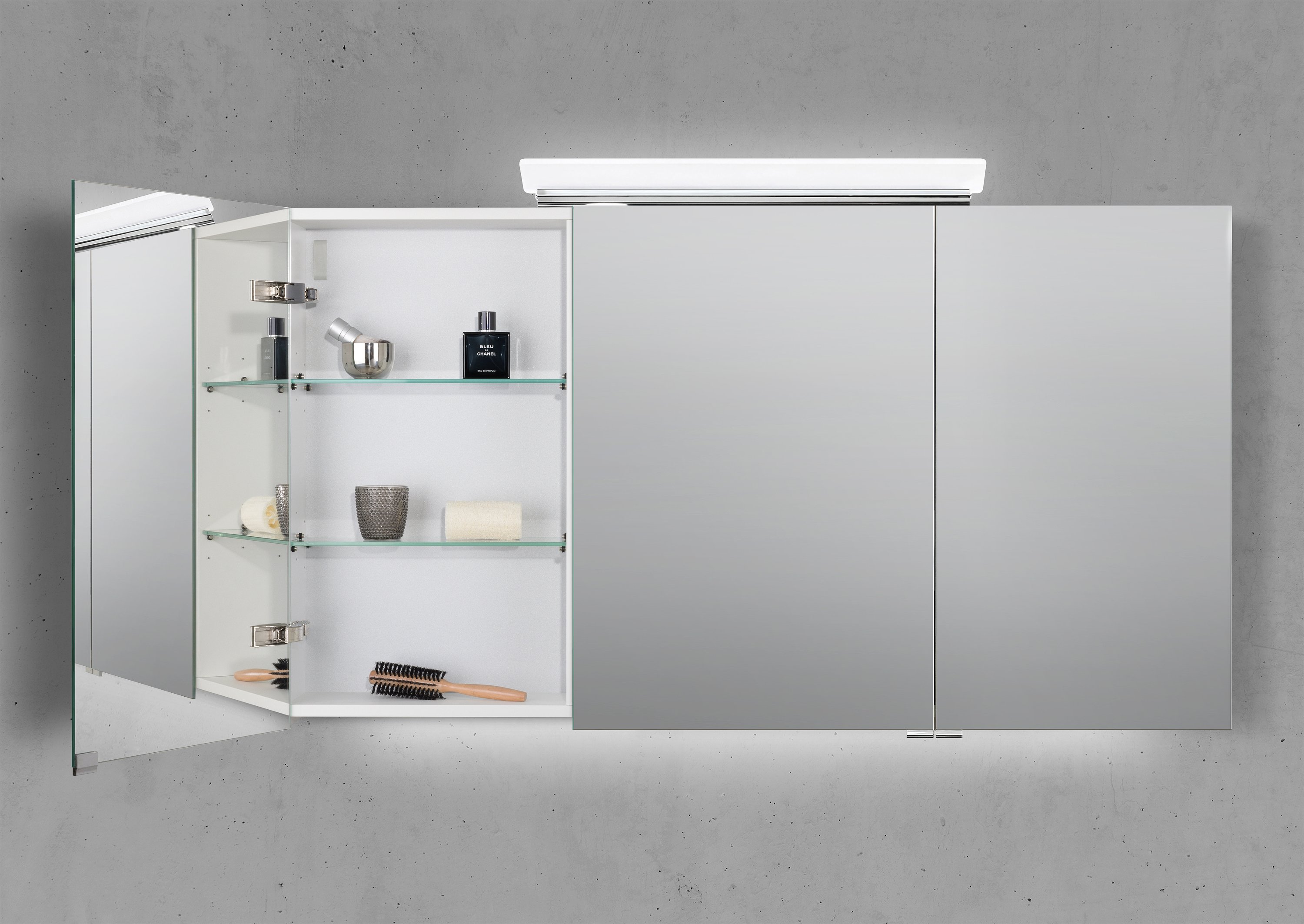 Spiegelschrank 130 cm LED Acryl Aufsatzleuchte doppelseitig verspiegelt
