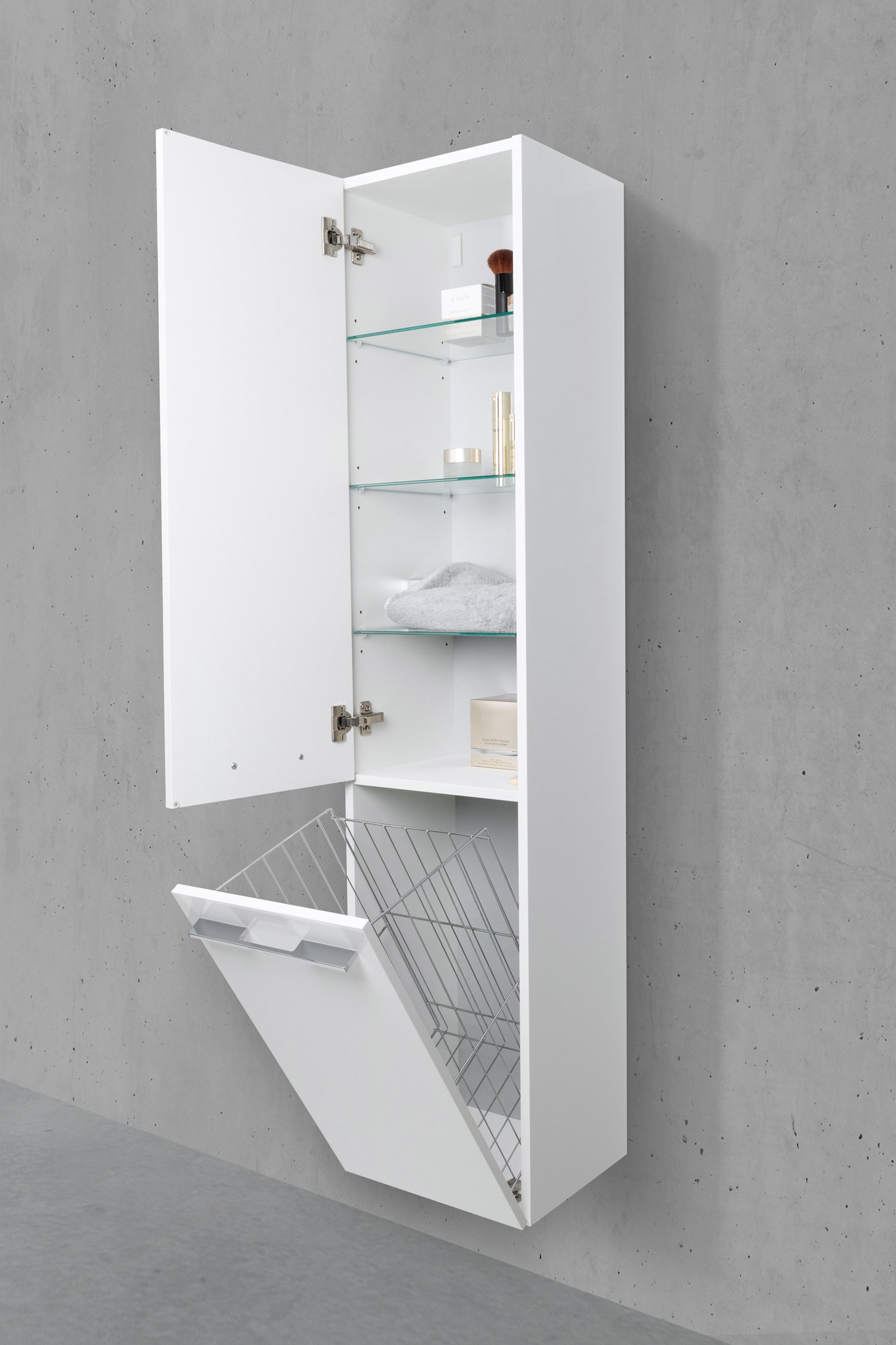 Badschrank mit Wäschekippe Hochschrank H/B/T: 161,6/40/32,5cm Weiß Hochglanz Lack
