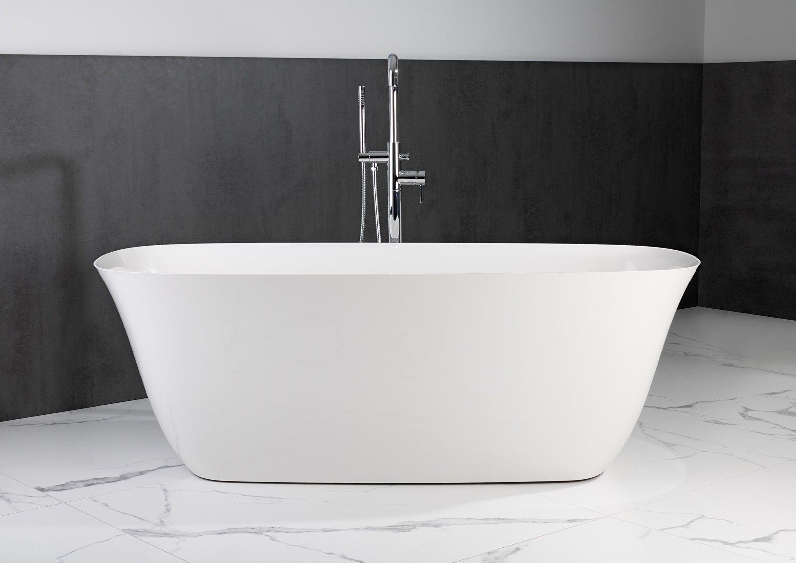 Freistehende Badewanne aus Mineralguss 170x77x62 cm in Weiß Glanz