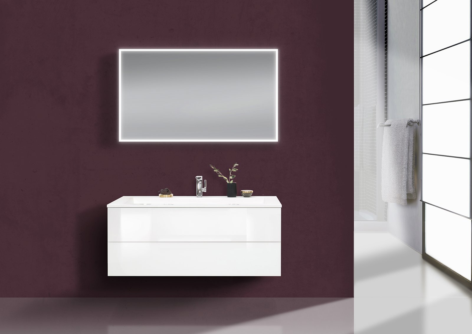 Design Badmöbel CUBO grifflos,120 cm Evermite Waschbecken, Weiß hochglanz Lack