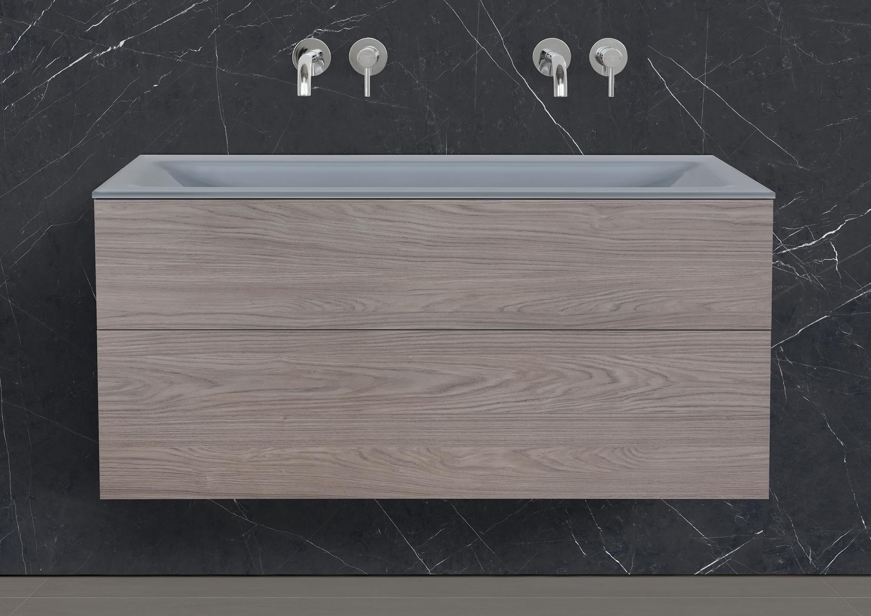 Saphir - Badmöbelset 120 cm mit Glaswaschtisch (Doppel) und grifflosem Unterschrank