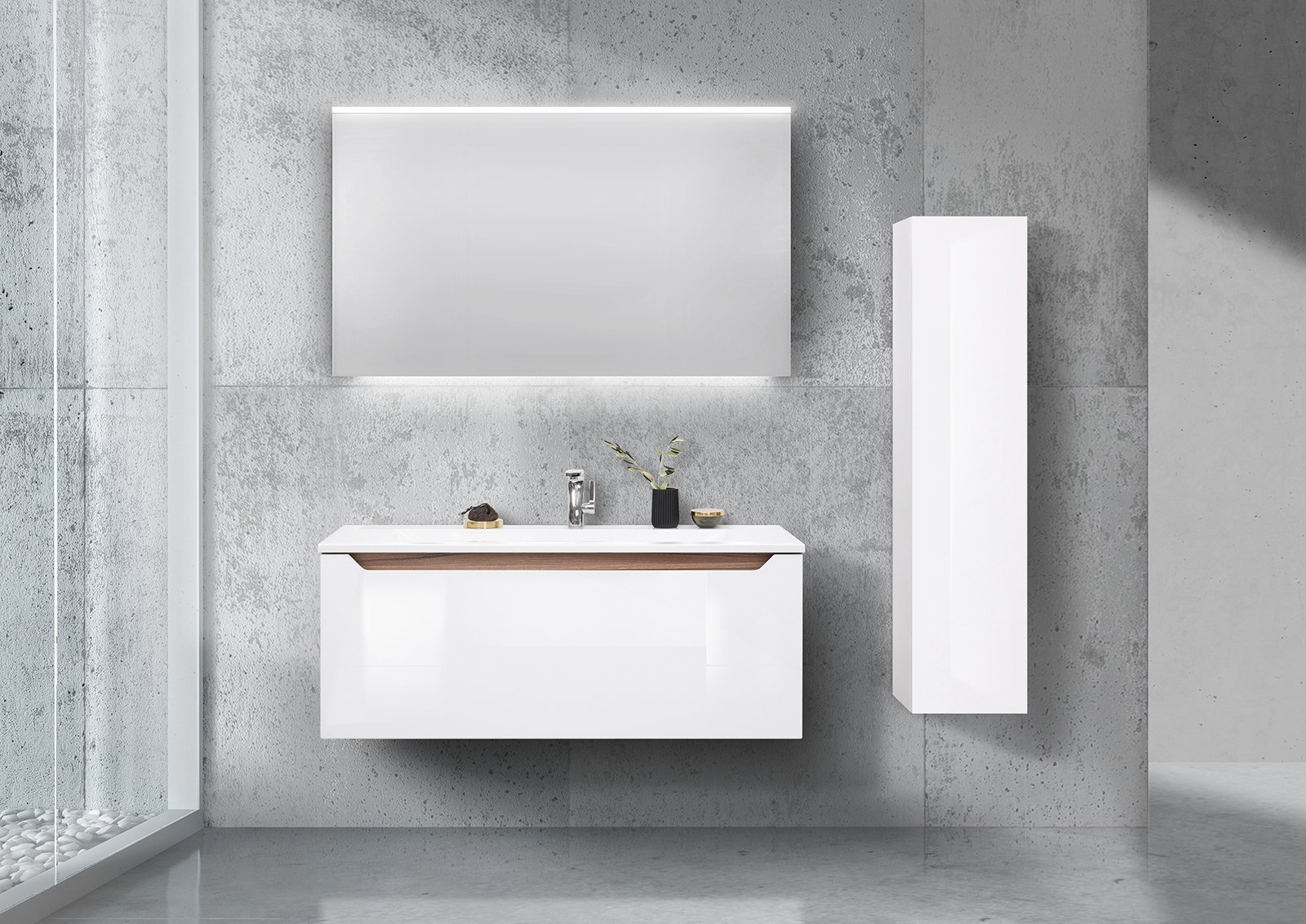 Design Badmöbel Set 120 cm, mit Hochschrank und Led Spiegel