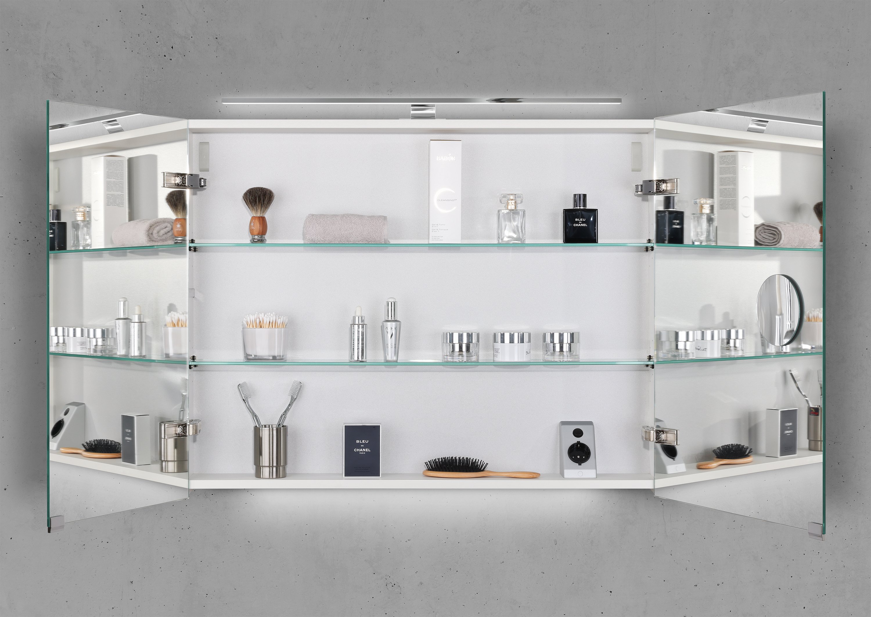 Spiegelschrank 90 cm mit LED Chrom Beleuchtung Doppelspiegeltüren