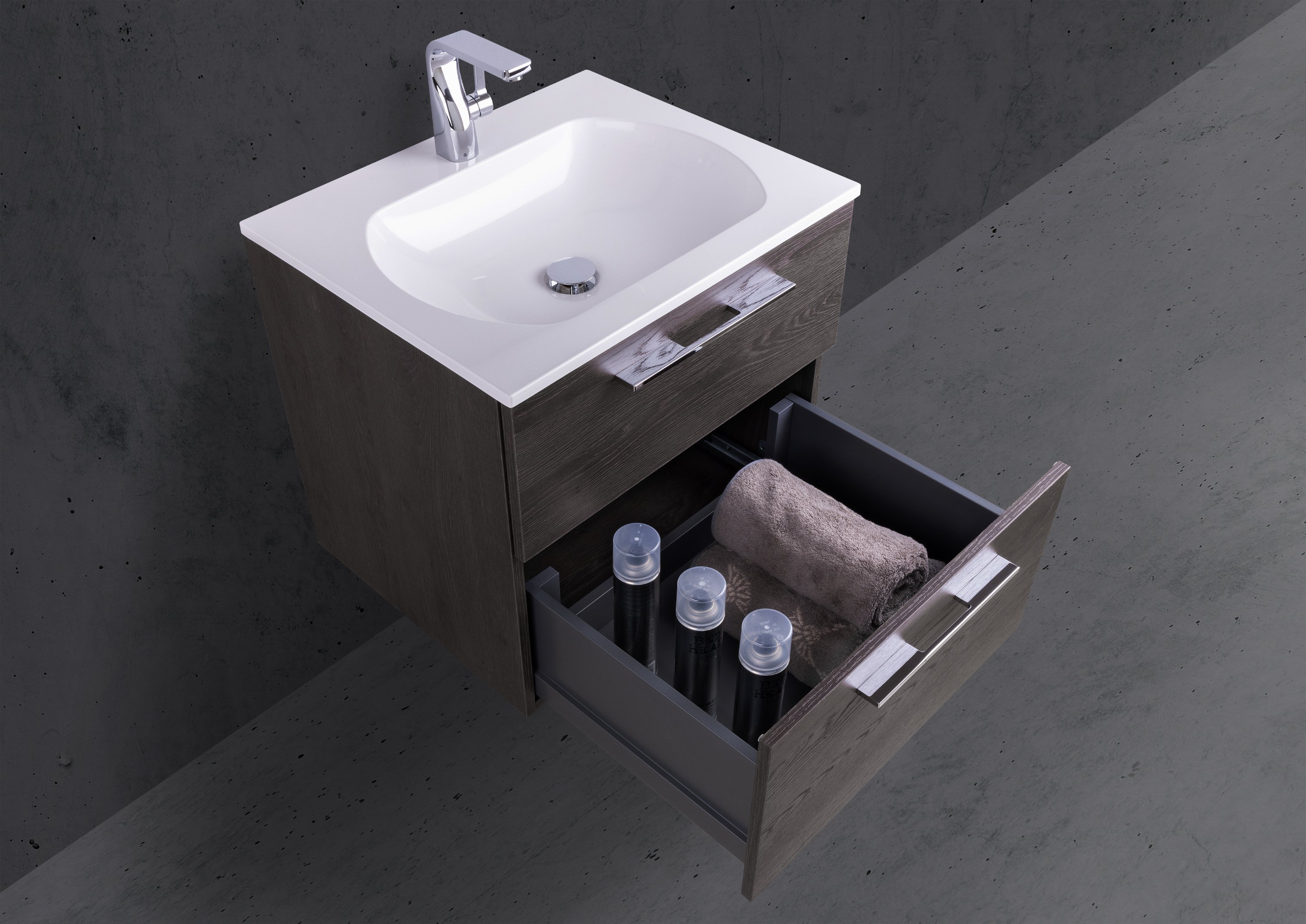 Badmöbel Set 60 cm mit Evermite Waschtisch, Dekor frei wählbar, Made in Germany