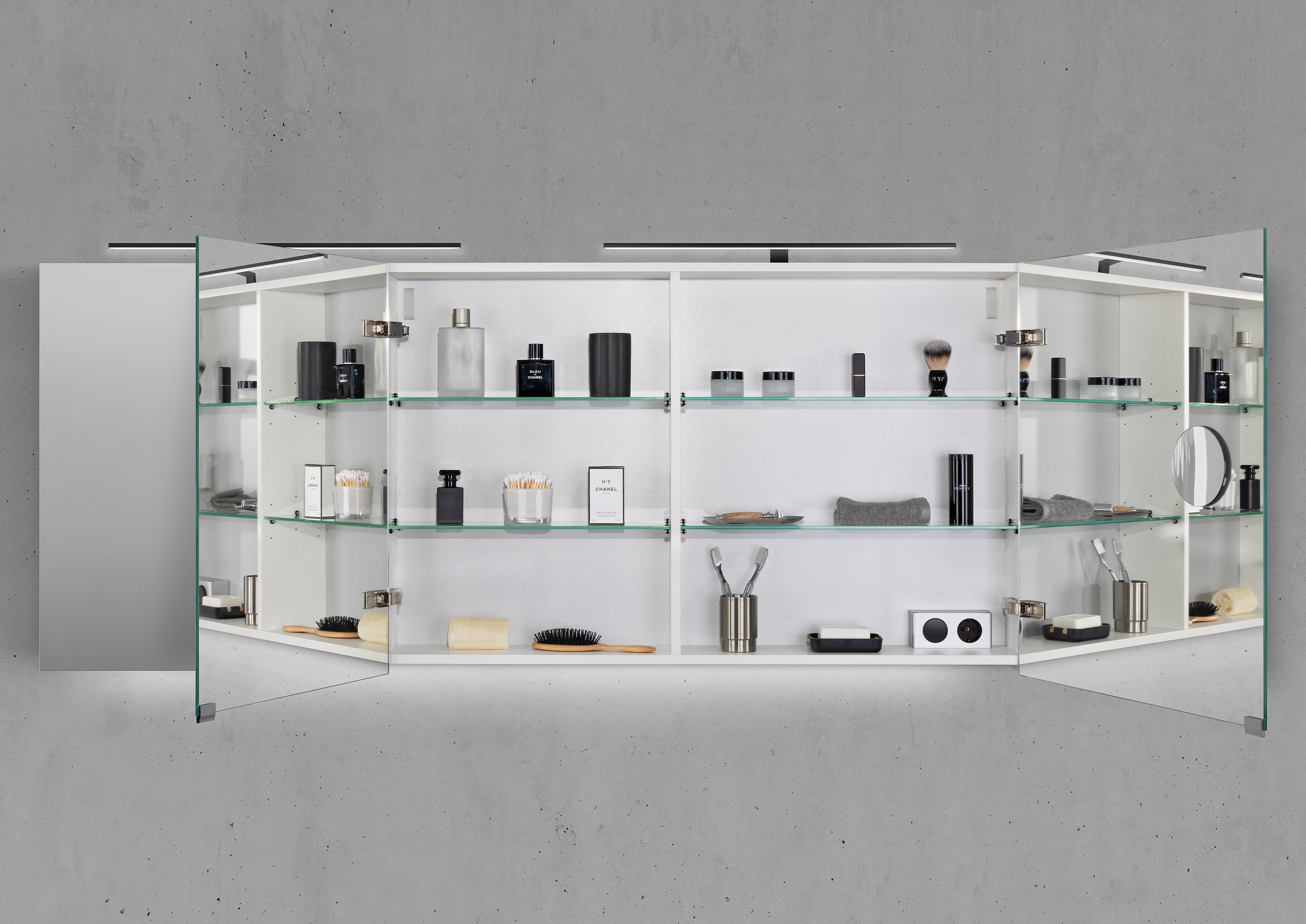 Spiegelschrank 170 cm mit 2x MULTI LED Aufsatzleuchte Doppelspiegeltüren