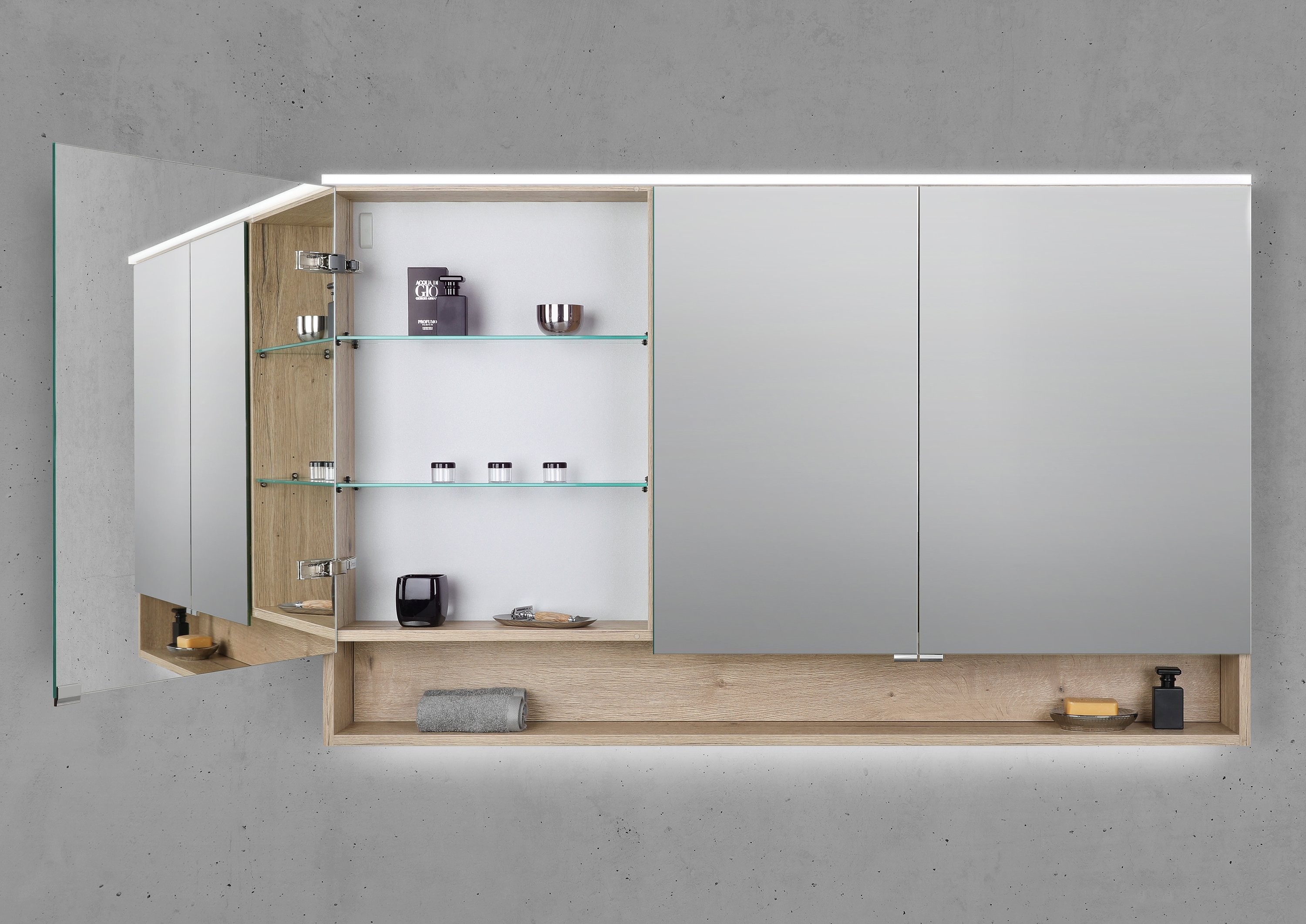 Spiegelschrank 140 cm mit offenem Fach MULTI Light LED Beleuchtung Doppelspiegeltüren