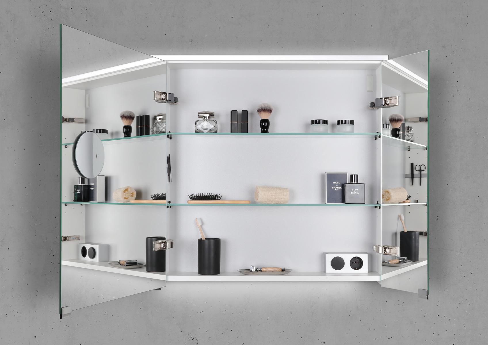 Spiegelschrank 90 cm 3 türig mit integrierter MULTI Light LED Beleuchtung Doppelspiegeltüren
