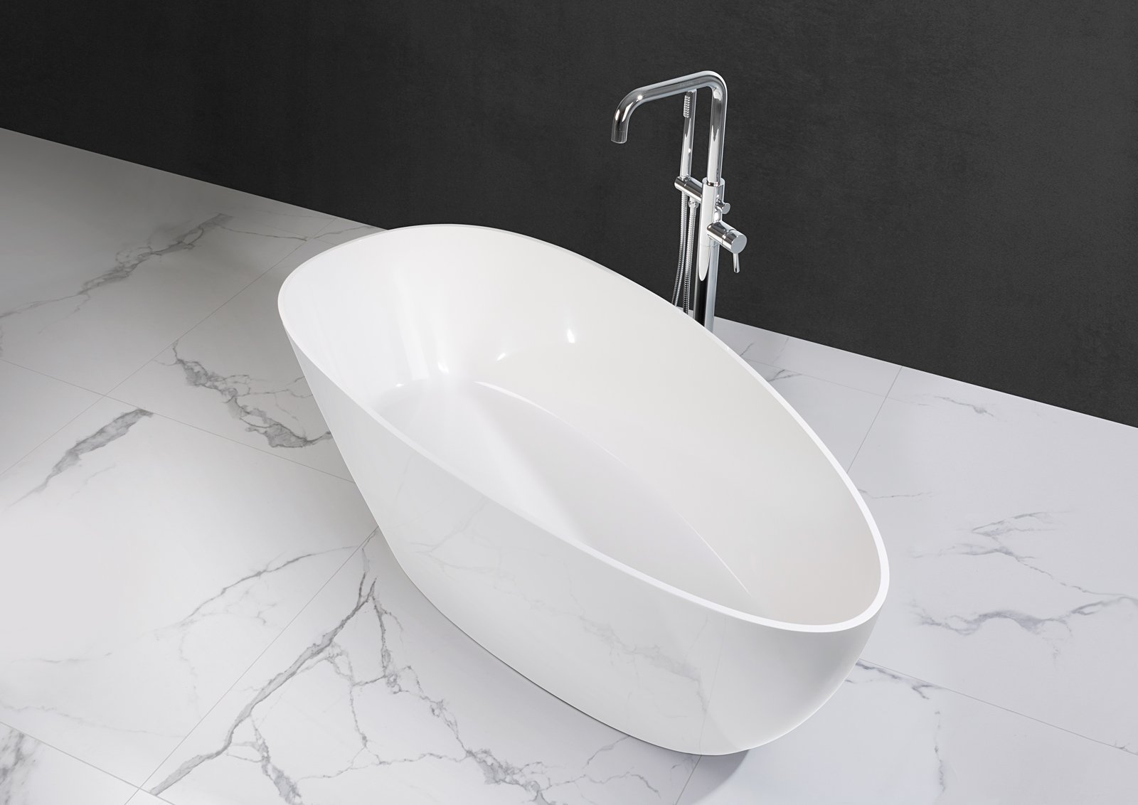 Freistehende Badewanne aus Mineralguss 170x77x62 cm in Weiß Glanz oder Matt