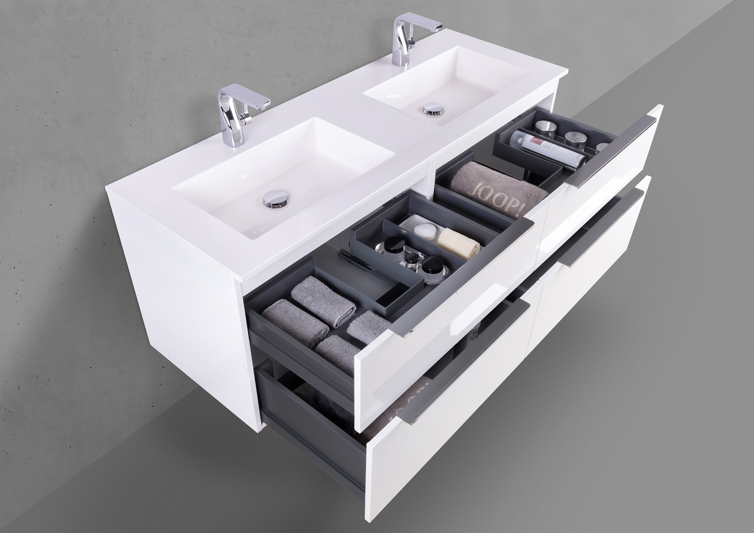 Doppelwaschtisch 140 cm Badmöbel Set SKY, mit Led Spiegelschrank, Weiß Hochglanz Lack