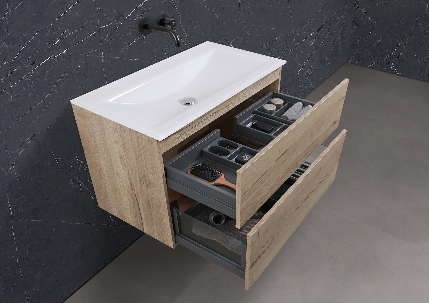 Saphir - Badmöbelset 90 cm mit Glaswaschtisch und grifflosem Unterschrank