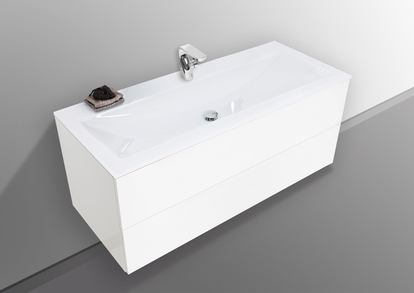 Badmöbel grifflos 120 cm Glaswaschtisch Optiwhite mit Unterschrank, Waschtisch Set