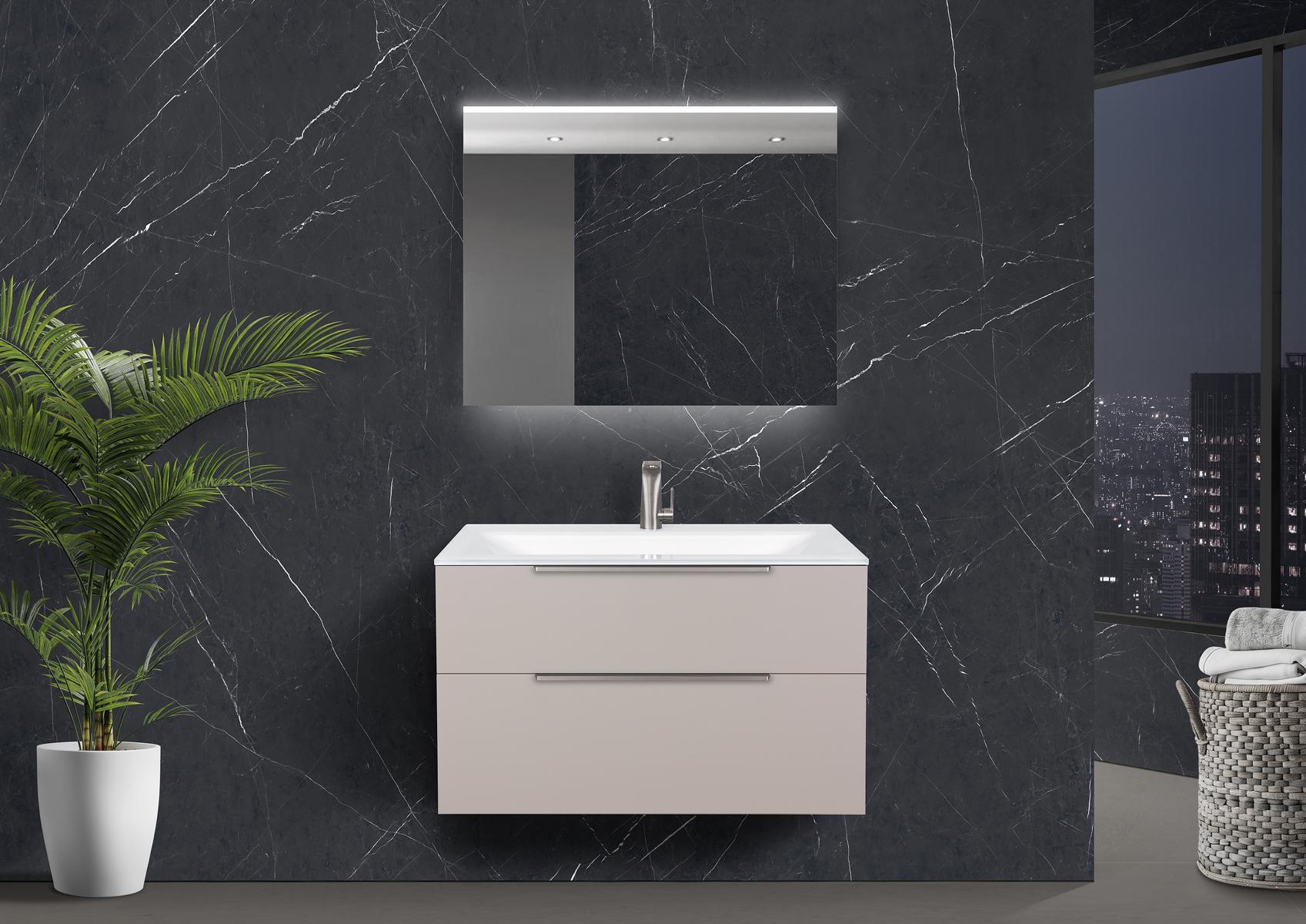 Saphir - Badmöbelset 90 cm mit Glaswaschbecken, Unterschrank und Lichtspiegel