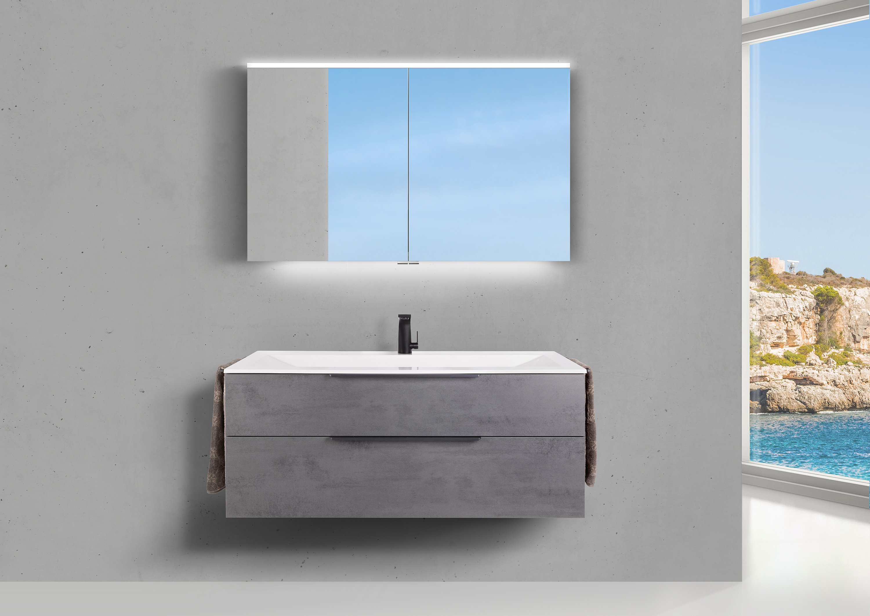 Valenta 120 cm, Badmöbel Set inkl. Multilight Spiegelschrank, Waschtisch