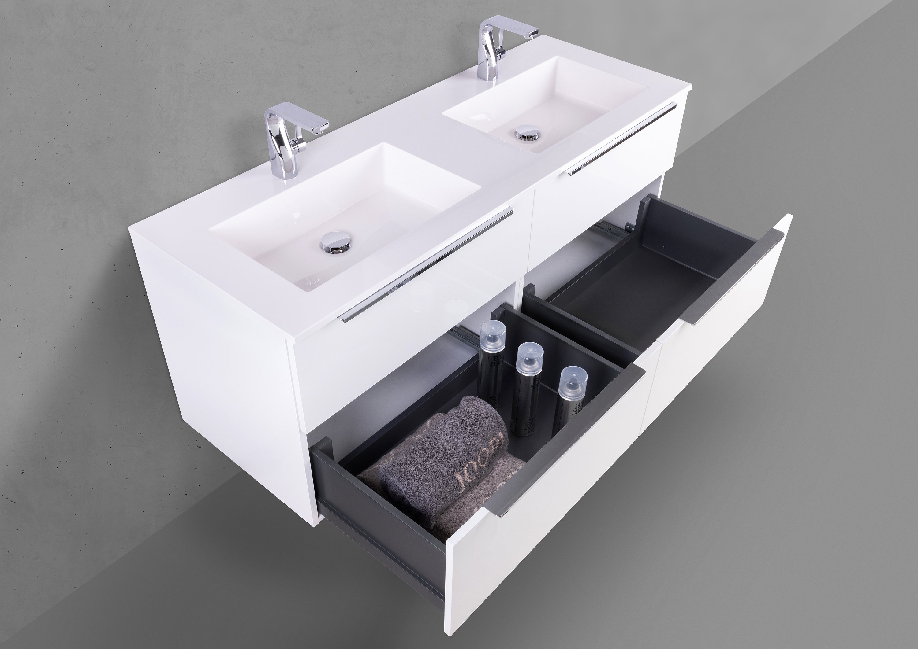 Doppelwaschtisch 140 cm Badmöbel Set SKY, mit Led Spiegelschrank, Weiß Hochglanz Lack