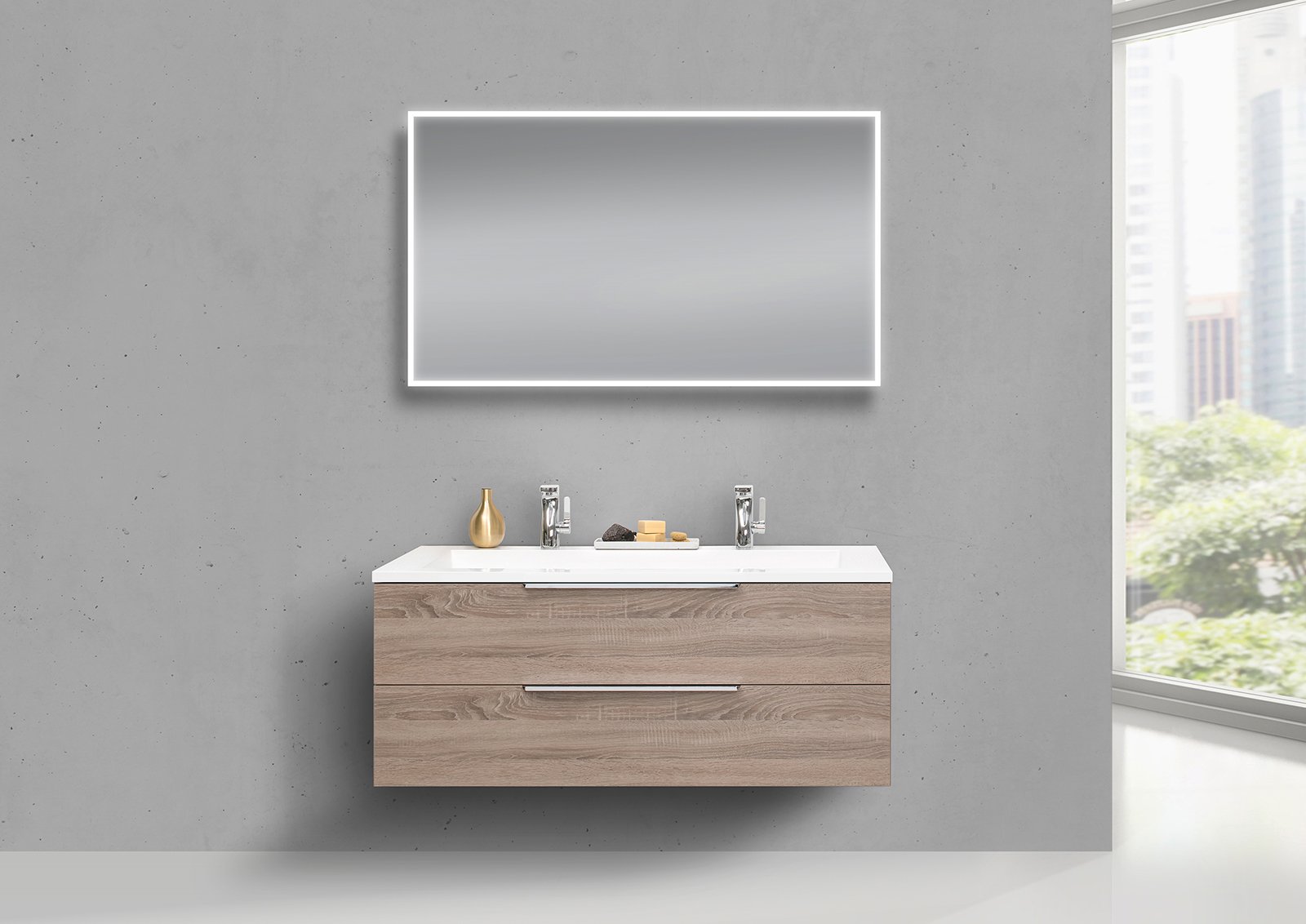 Badmöbel Set Intarbad CUBO 120 cm Doppelwaschbecken, Unterschrank und Led Spiegel