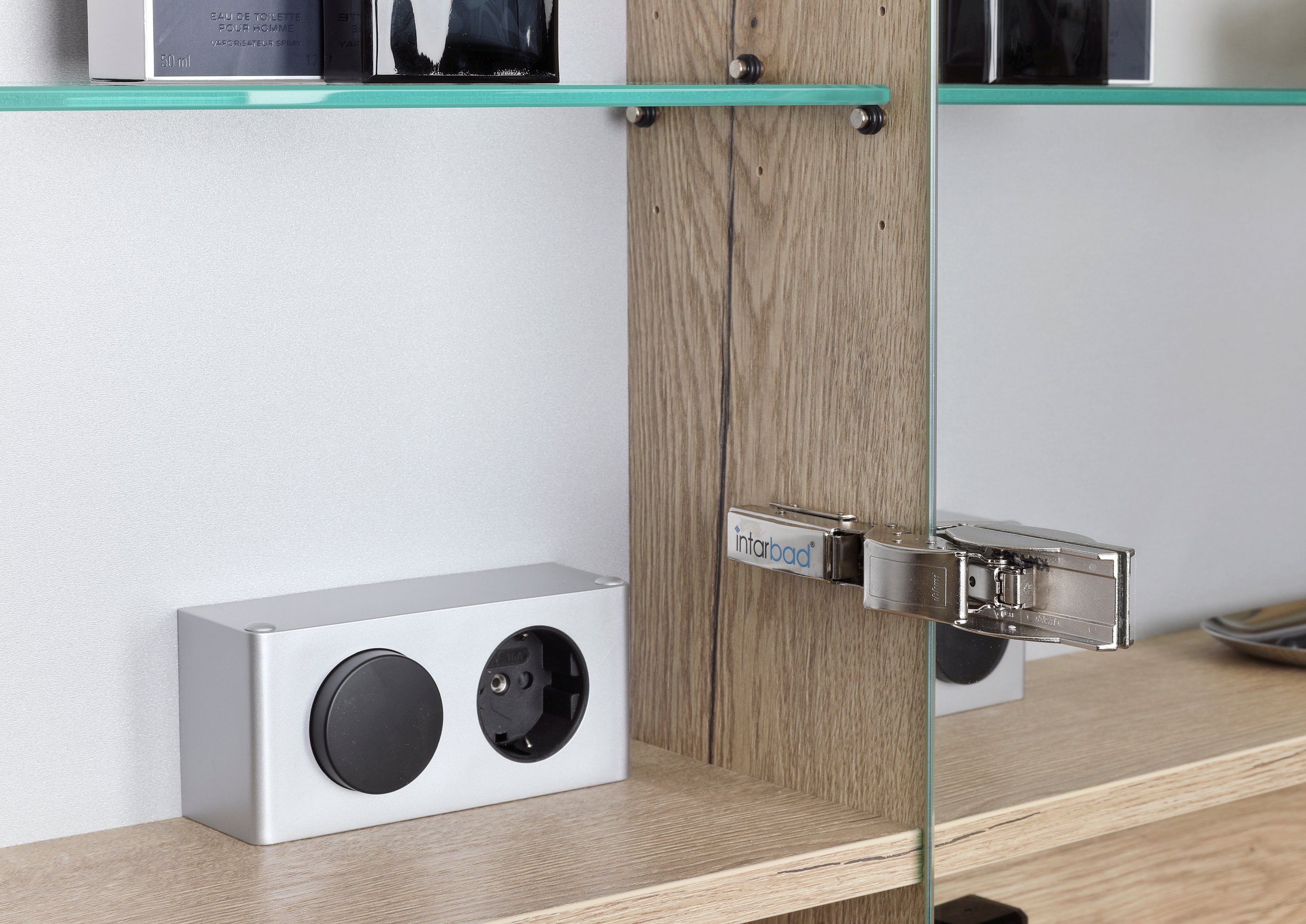 Spiegelschrank 120 cm mit offenem Fach MULTI Light LED Beleuchtung Doppelspiegeltüren