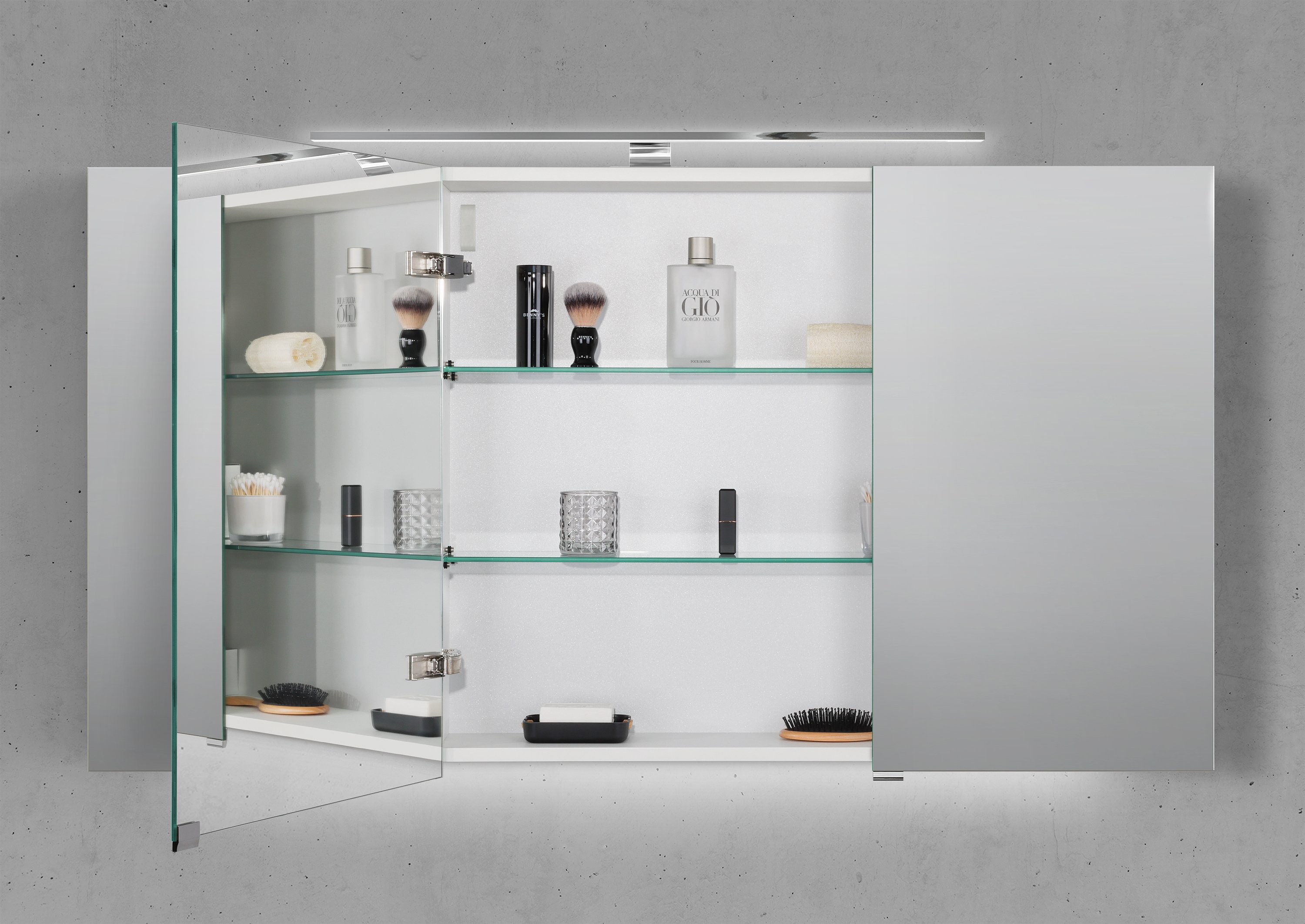 Spiegelschrank 130 cm mit LED Chrom Beleuchtung Doppelspiegeltüren