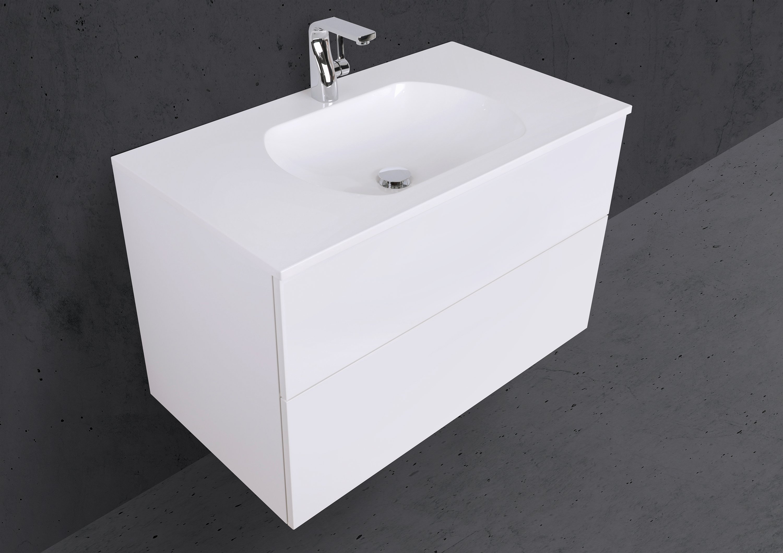 Badmöbel Set Modica 90 cm grifflos mit Evermite Waschtisch, Made in Germany