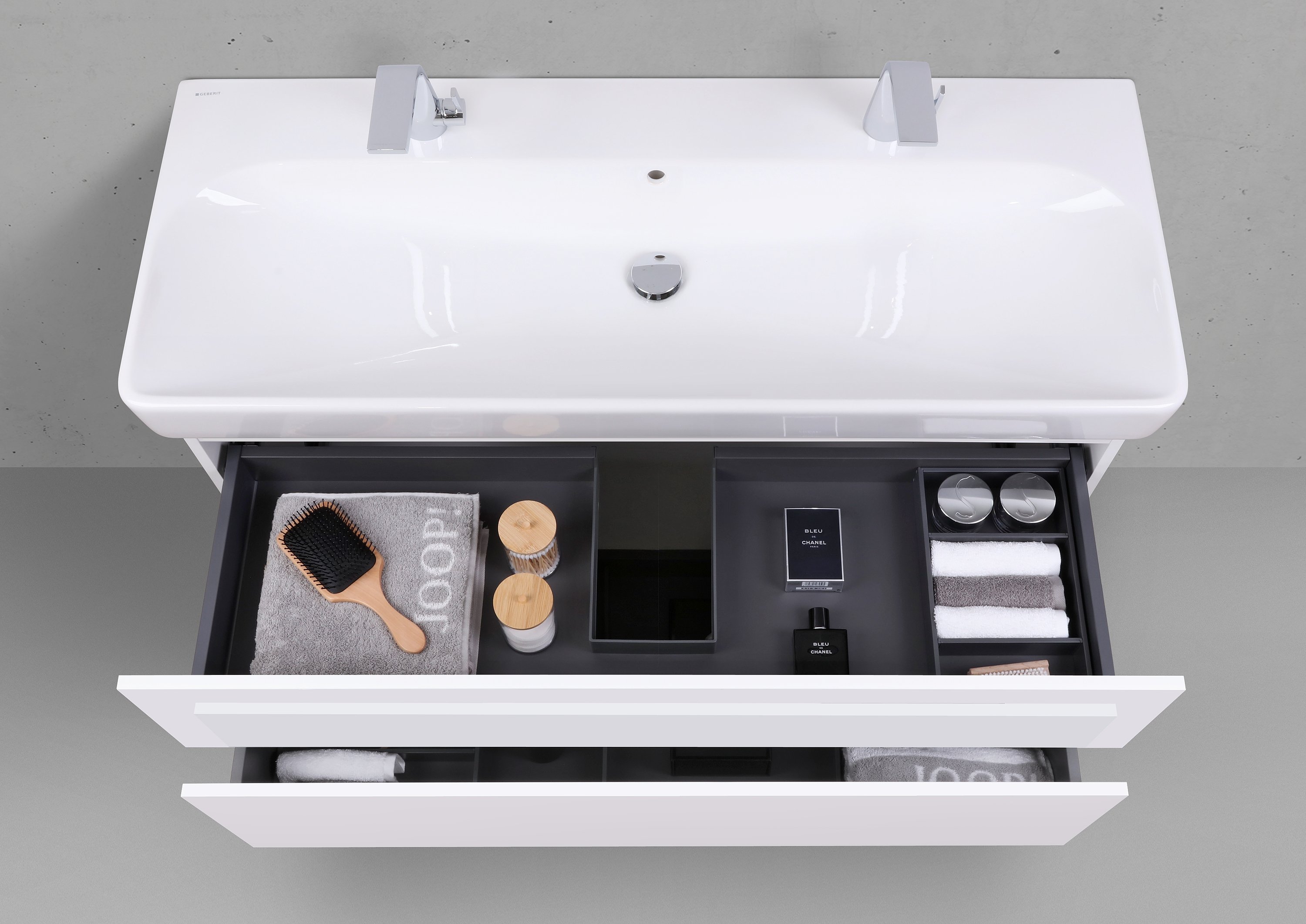 Badmöbelset Shape 120 cm inkl. Geberit Smyle Square Doppelwaschtisch mit Unterschrank Push to Open