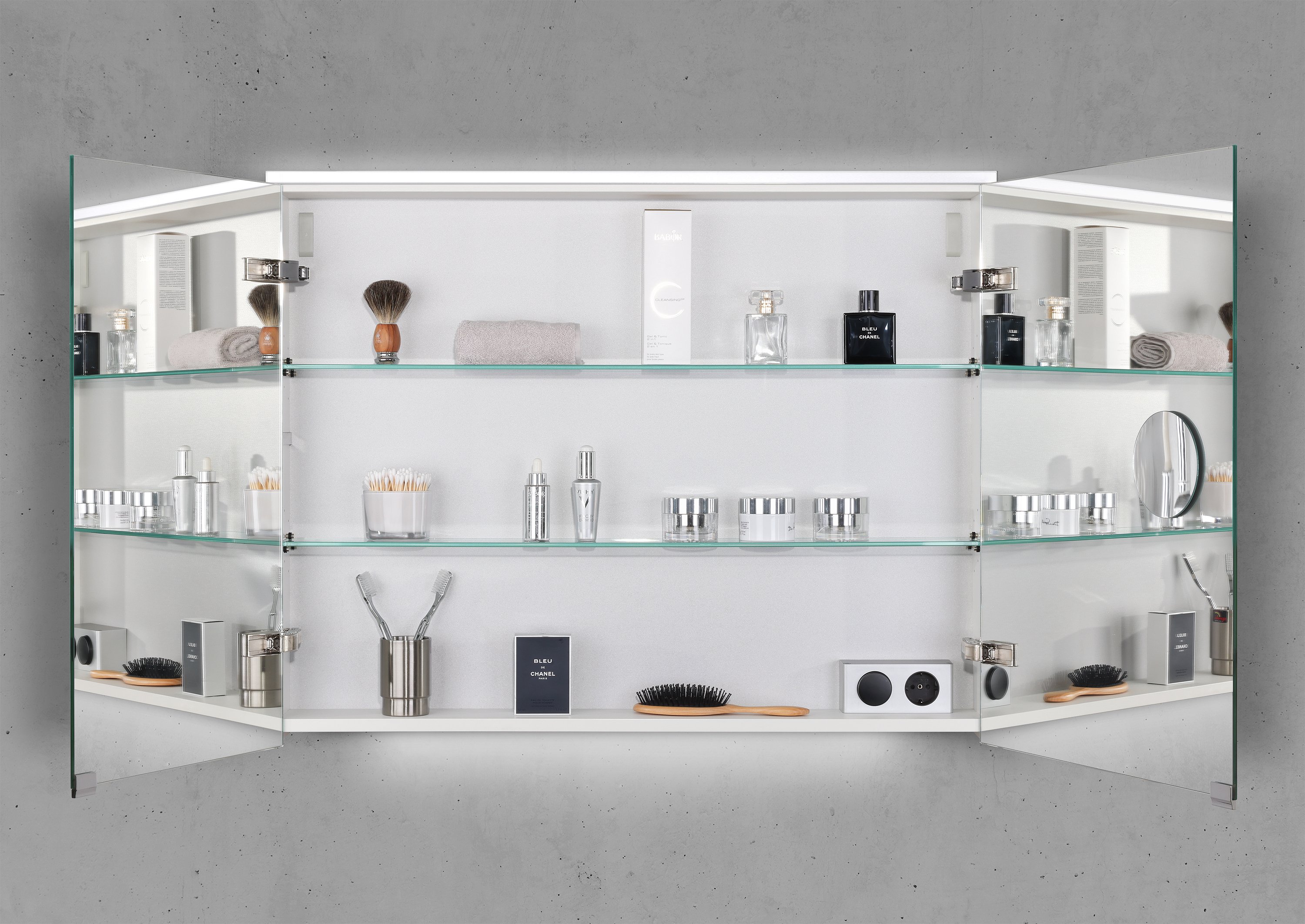 Spiegelschrank 90 cm integrierte MULTI Light LED Beleuchtung Doppelspiegeltüren