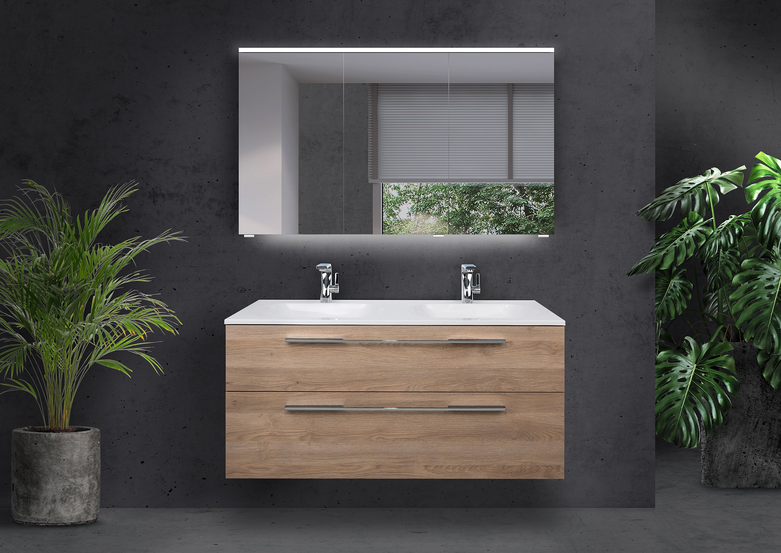 Badmöbel Modica 120 cm Doppelwaschtisch, mit Unterschrank und Multi Led Spiegelschrank, Intarbad