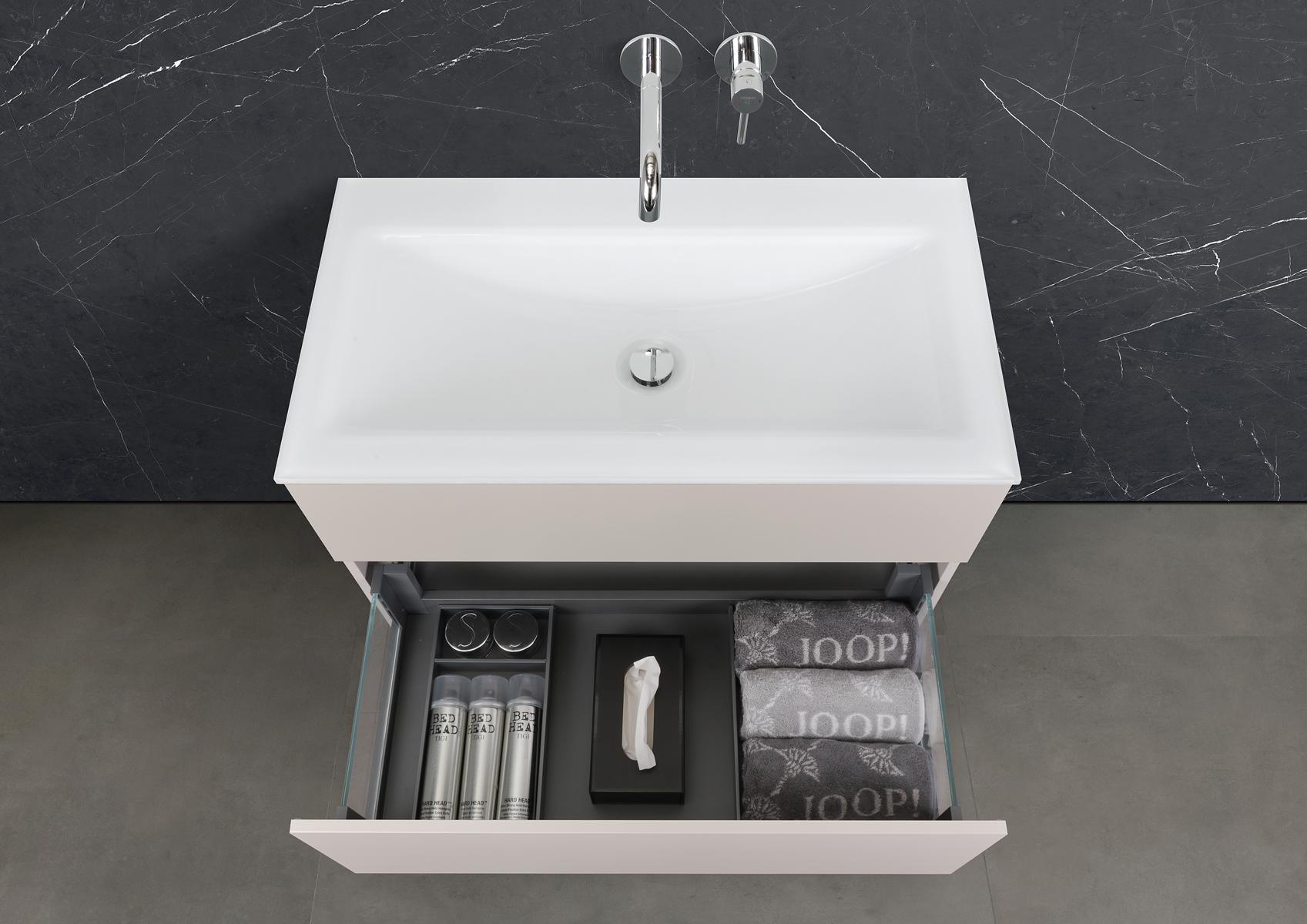 Saphir - Badmöbelset 90 cm mit Glaswaschbecken und grifflosem Unterschrank
