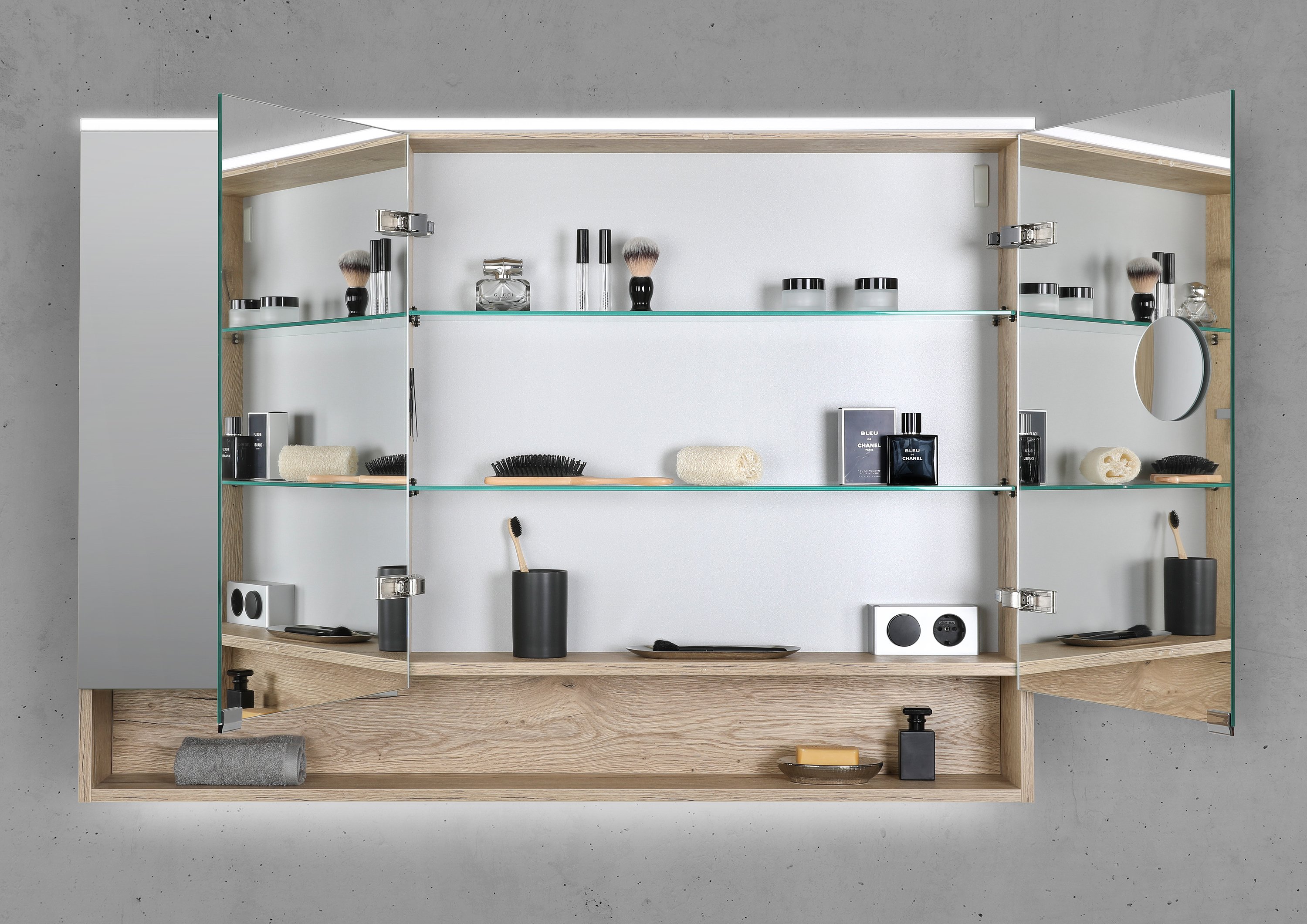 Spiegelschrank 120 cm mit offenem Fach MULTI Light LED Beleuchtung Doppelspiegeltüren