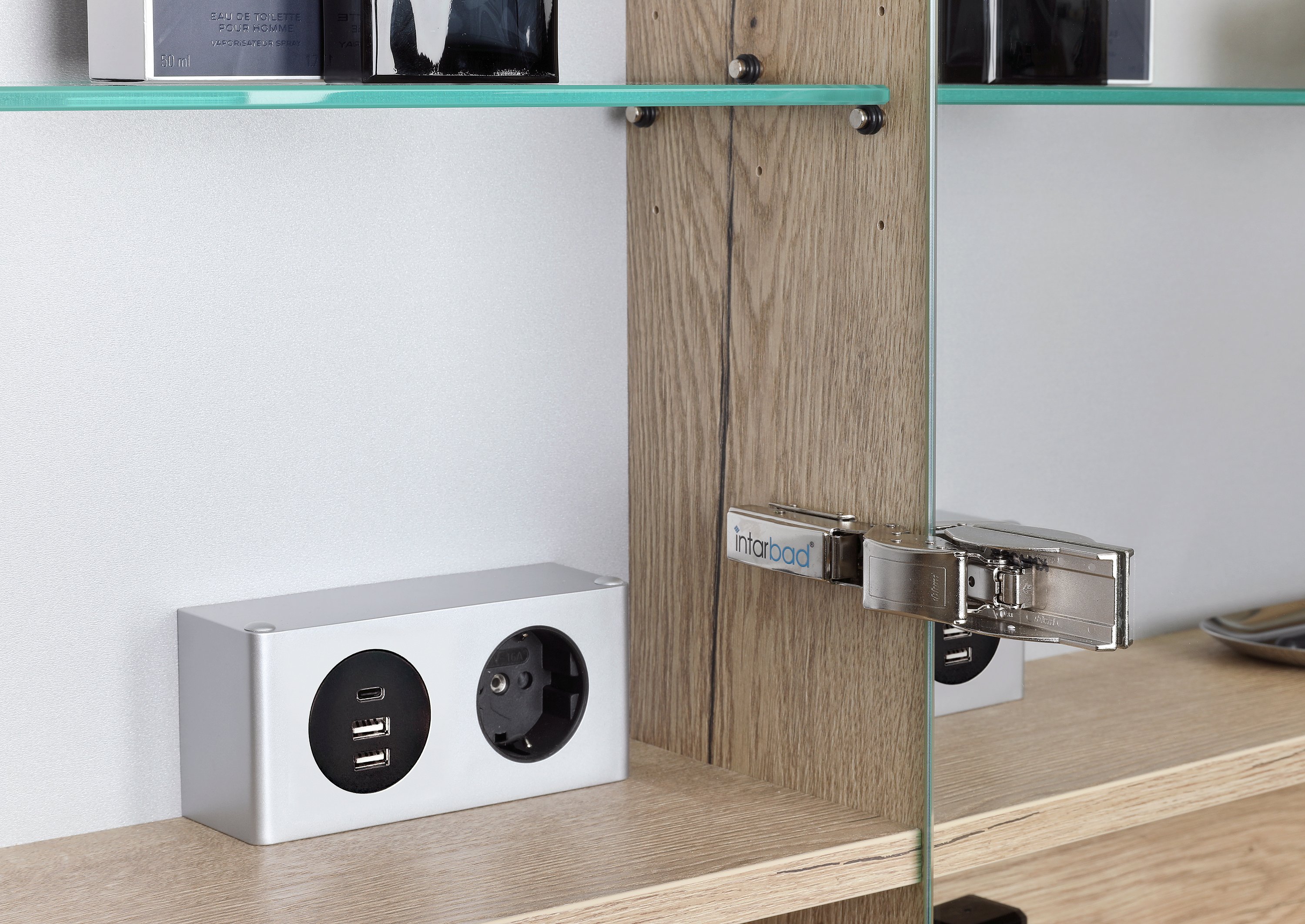 Spiegelschrank 120 cm mit offenem Fach MULTI Light LED Beleuchtung Doppelspiegeltüren