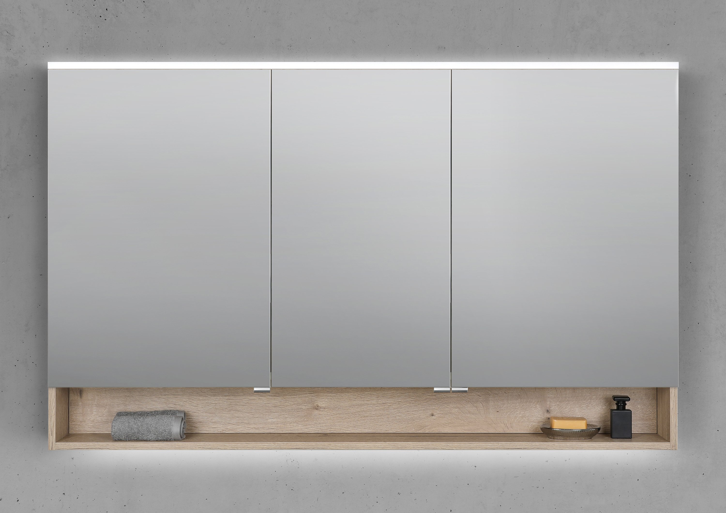 Spiegelschrank 140 cm mit offenem Fach MULTI Light LED Beleuchtung Doppelspiegeltüren