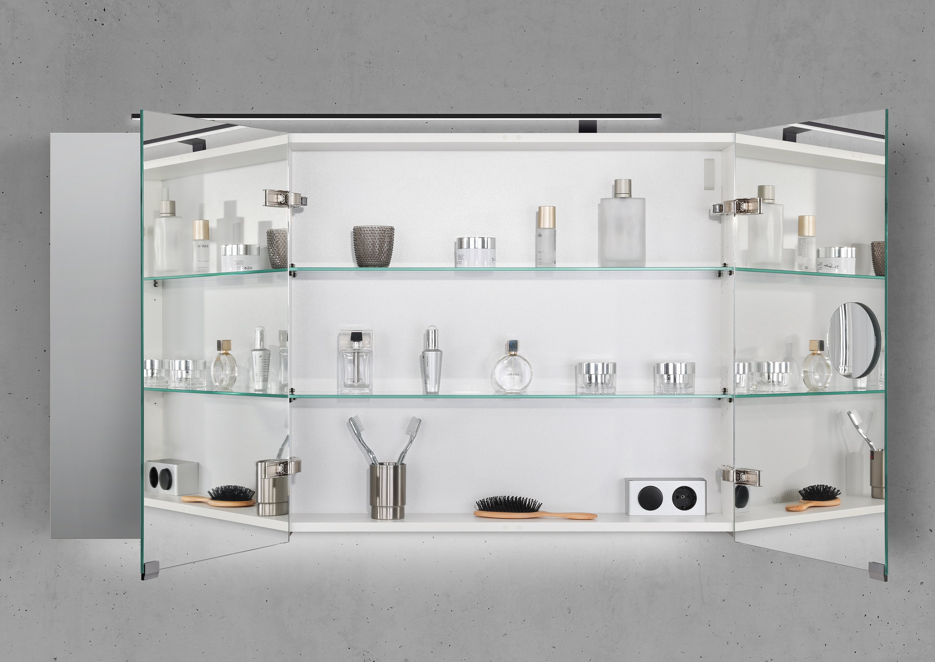 Spiegelschrank 120 cm mit MULTI LED Aufsatzleuchte Doppelspiegeltüren