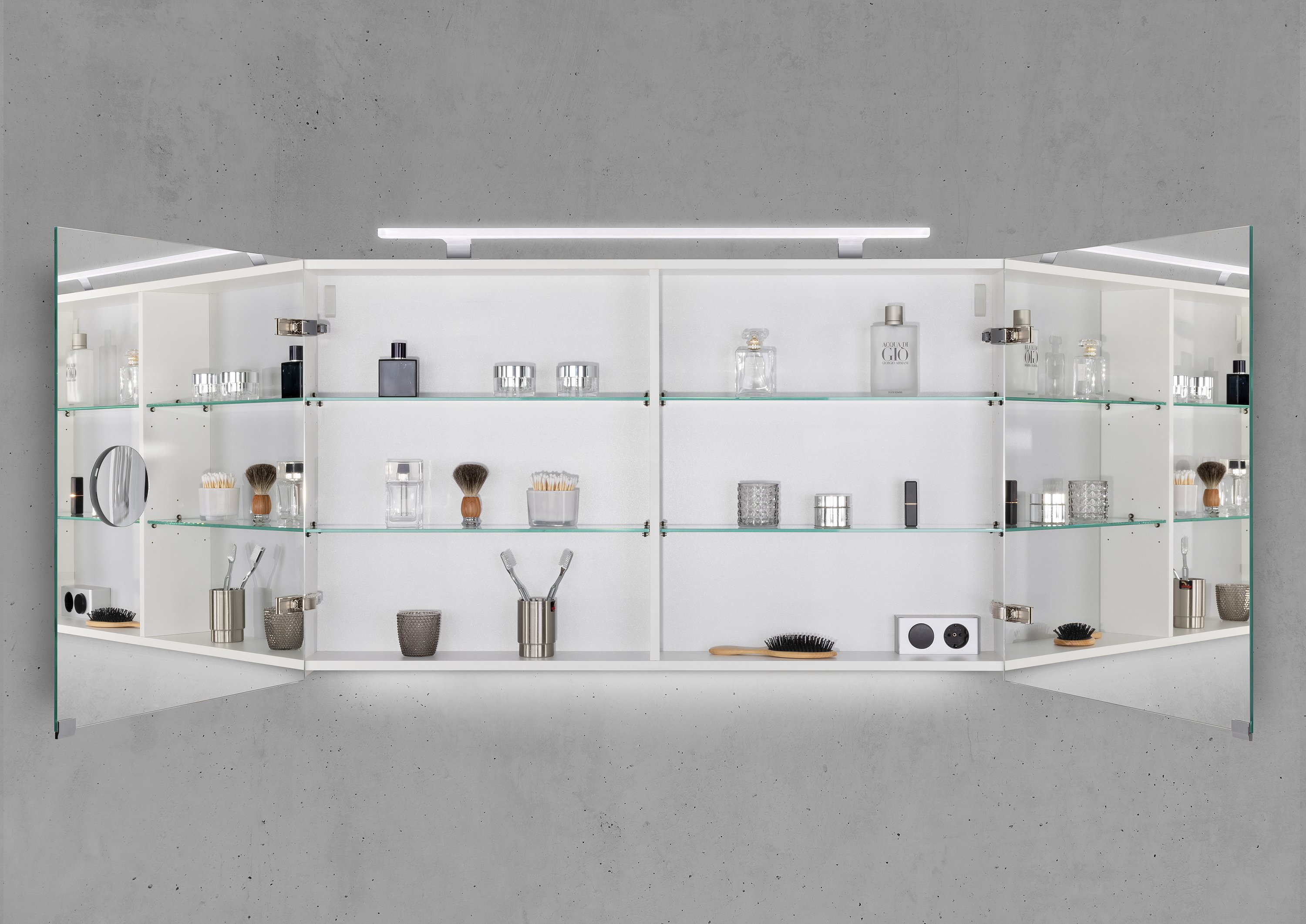 Spiegelschrank 120 cm mit MULTI LED Acryl Aufsatzleuchte Doppelspiegeltüren