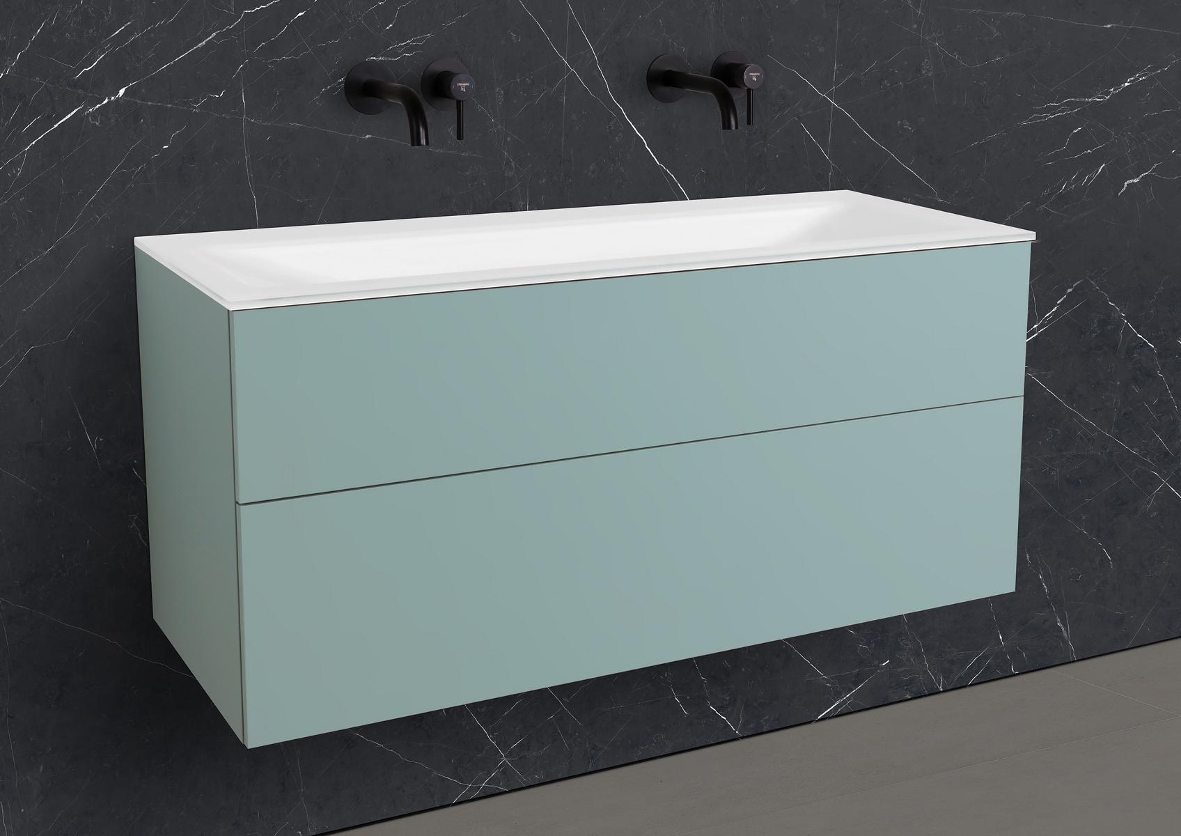 Saphir - Badmöbelset 120 cm mit Glaswaschtisch (Doppel) und grifflosem Unterschrank