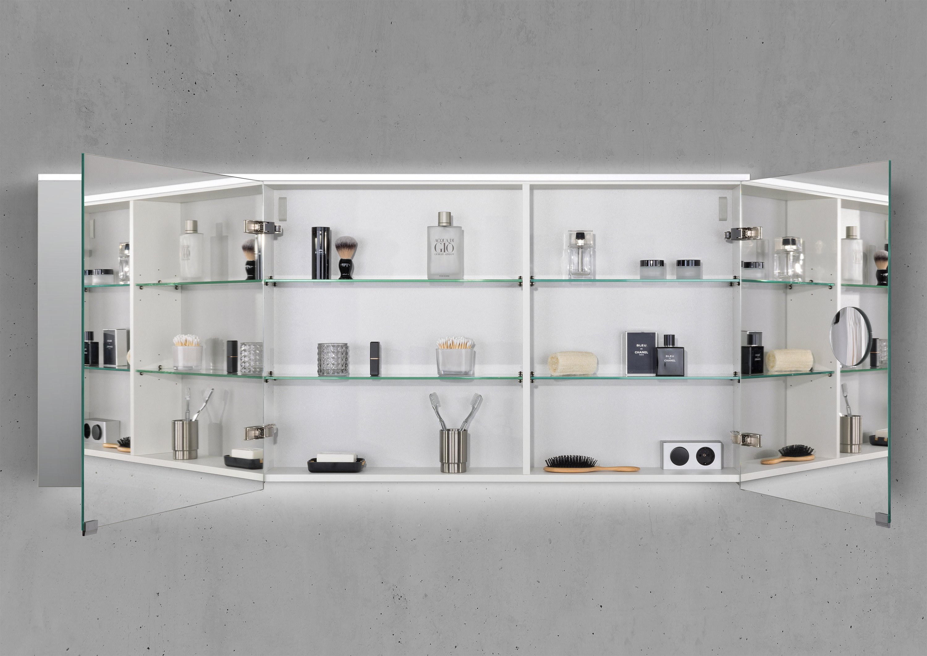 Spiegelschrank 160 cm integrierte MULTI Light LED Beleuchtung Doppelspiegeltüren