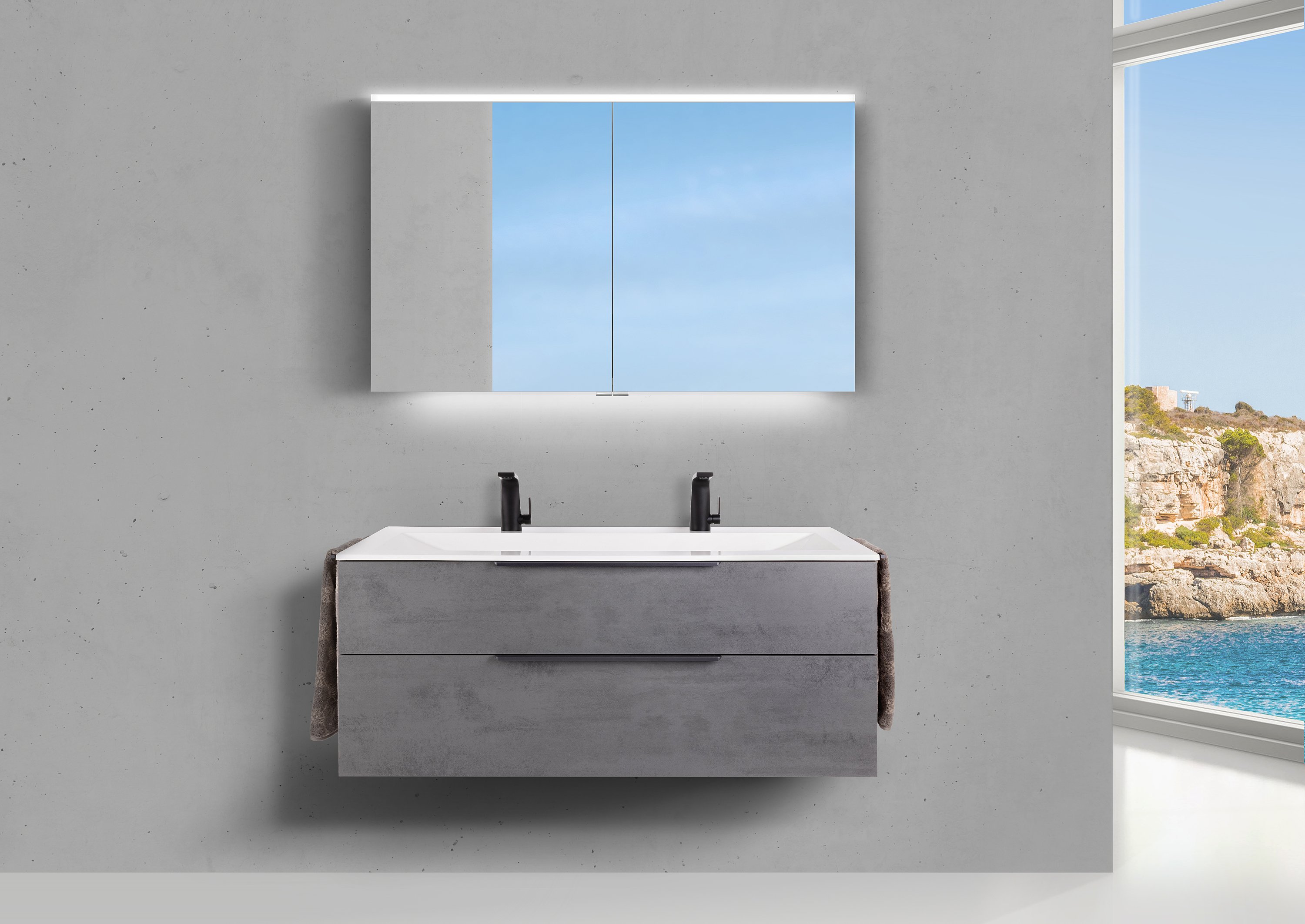 Doppelwaschtisch Valenta 120 cm, Badmöbel Set inkl. Multilight Spiegelschrank